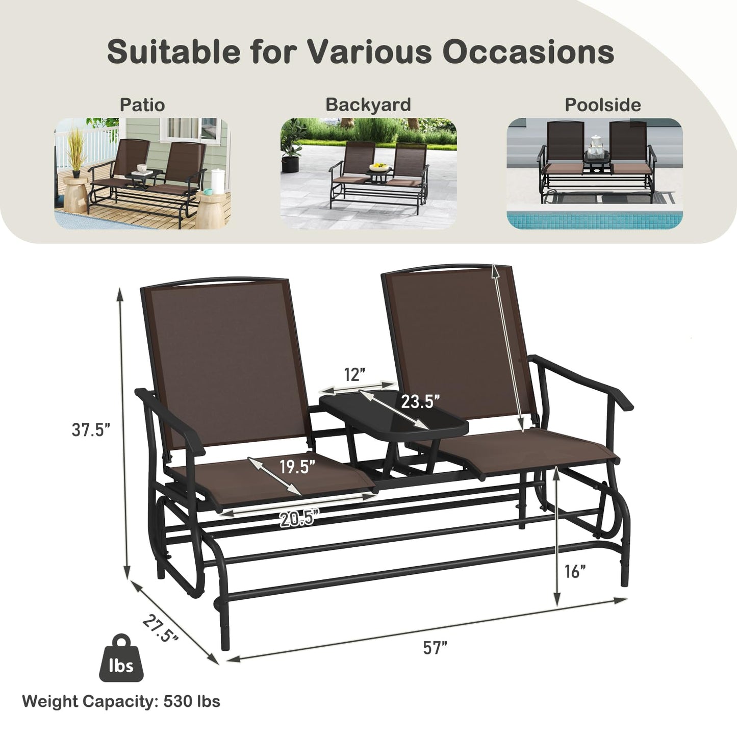 Tangkula 2 Person Swing Glider Chair, Patio Rocking Loveseat w/Center Tempered Glass Table, Outdoor Swing Bench w/Steel Frame & Breathable Mesh Fabric for Porch, Balcony, Poolside (Brown)