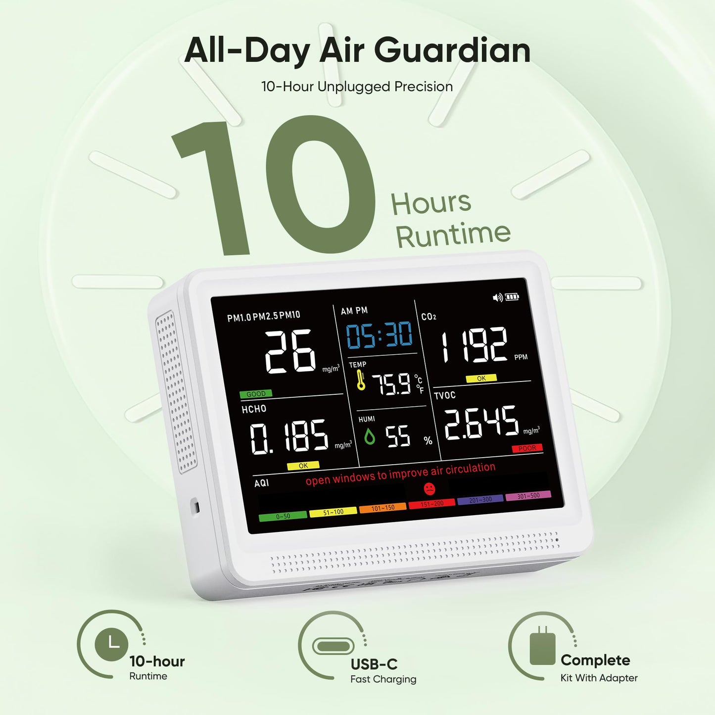 bonoch 16 in 1 Air Quality Monitor Indoor 10h-Battery & 5.5" Display 9 AQI+7 AQI Alerts, CO2 Monitor, Air Quality Tester for CO2, TVOC PM2.5 PM1.0 PM10 HCHO Temperature Humidity AQI & Time Air Meter