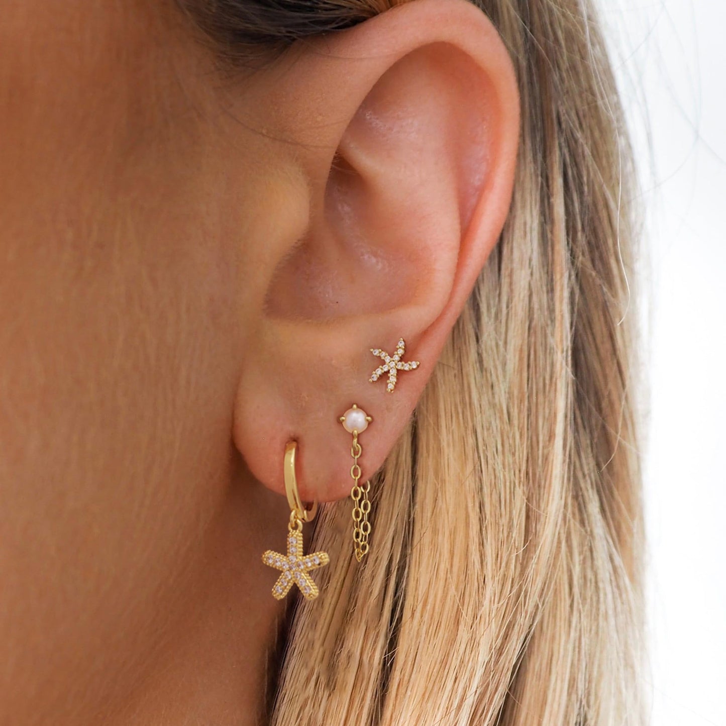SELFROSE Starfish Earrings,Hypoallergenic Gold Chain Starfish Dangle Earrings Set For Women Trendy Cute Summer Boho Earring Stacks Women'S Gold Beach Jewelry