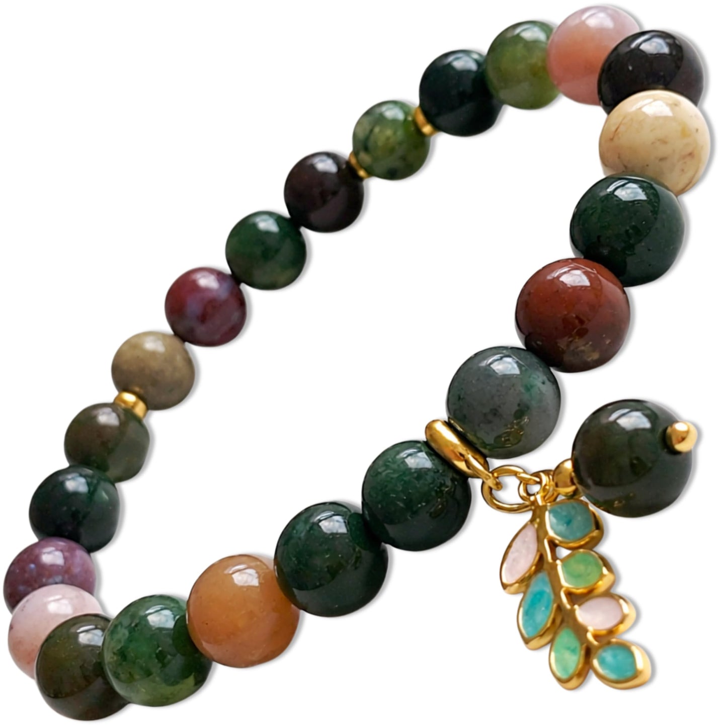 TEJO Natural Stone Beaded Bracelet – Handmade Energy Healing Bracelet for Men & Women, Yoga Chakra Jewelry Gift (Indian Agate Natural Stone Bracelet – for Women, 6.5 inches)