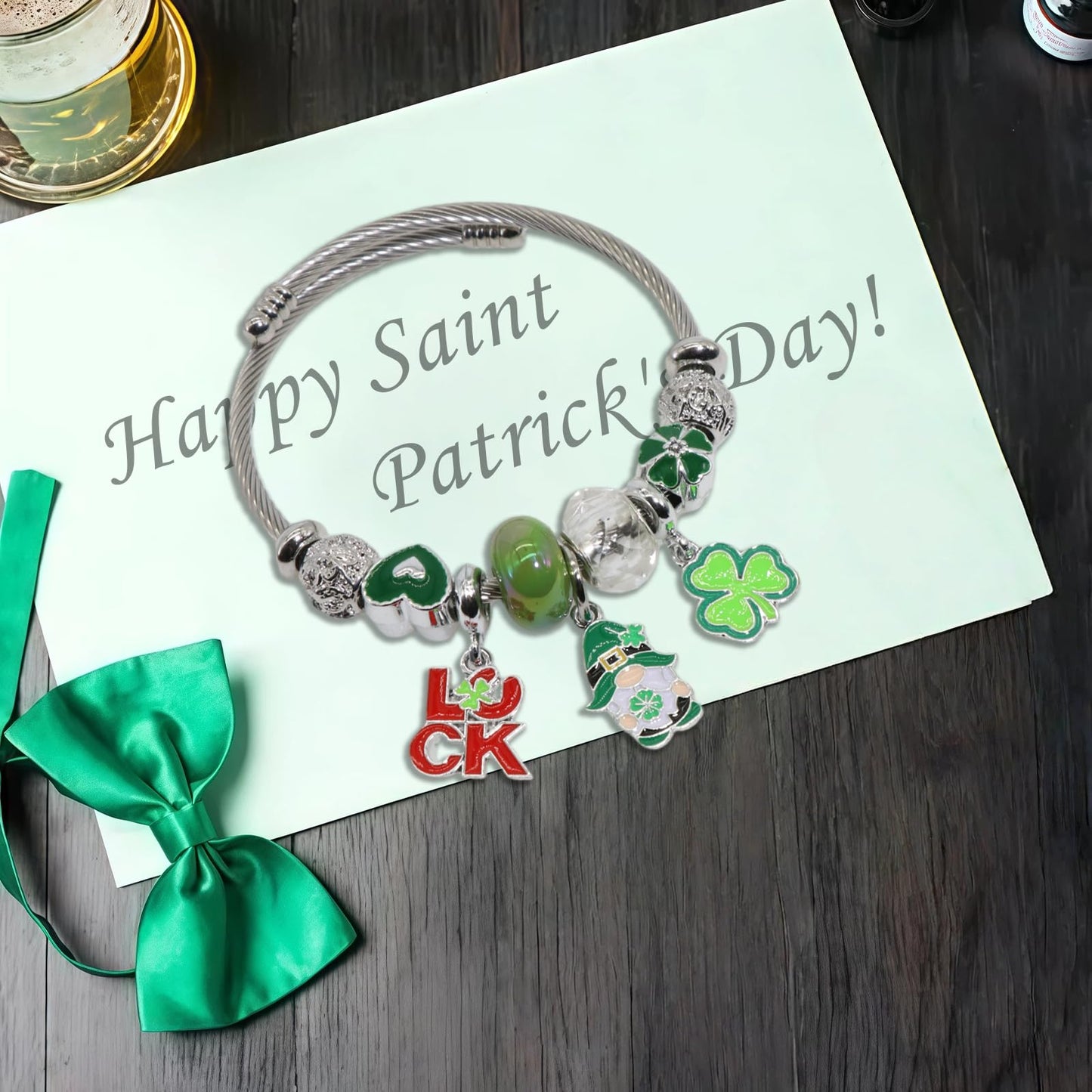 QMWKVNC St. Patrick's Day Charm Bracelets for Womens,Exquisite Cute Cartoon Friendship Silver Bracelets Stainless Steel Bangle, Womens Jewelry Suitable for Holiday Gifts and Birthday Gifts
