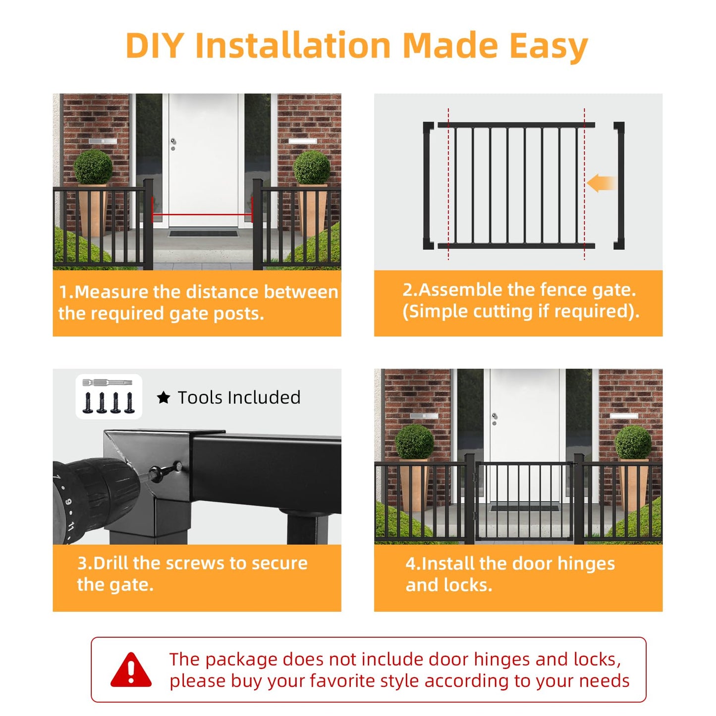 Deck Gate Outoor, 36''Hx48''W Black Heavy Duty Steel Anti-Rust Fence Door with Customizable Width, Easy Installation Metal Gate for Residential, Yard, Patio (No Hinge)