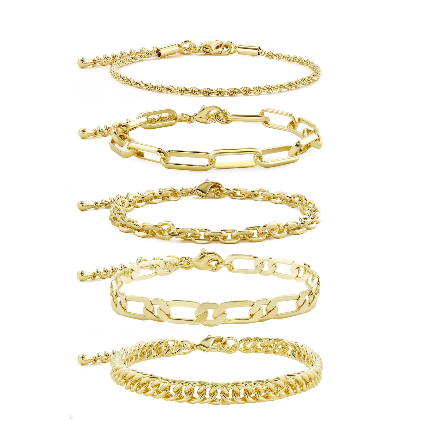 CONRAN KREMIX Gold Filled Bracelets For Women Dainty 14K Real Gold Plated Chunky Chain Layered Paperclip Rope Chain Stake Stackable Bracelet Set Fashion Trendy Gold Jewelry For Women