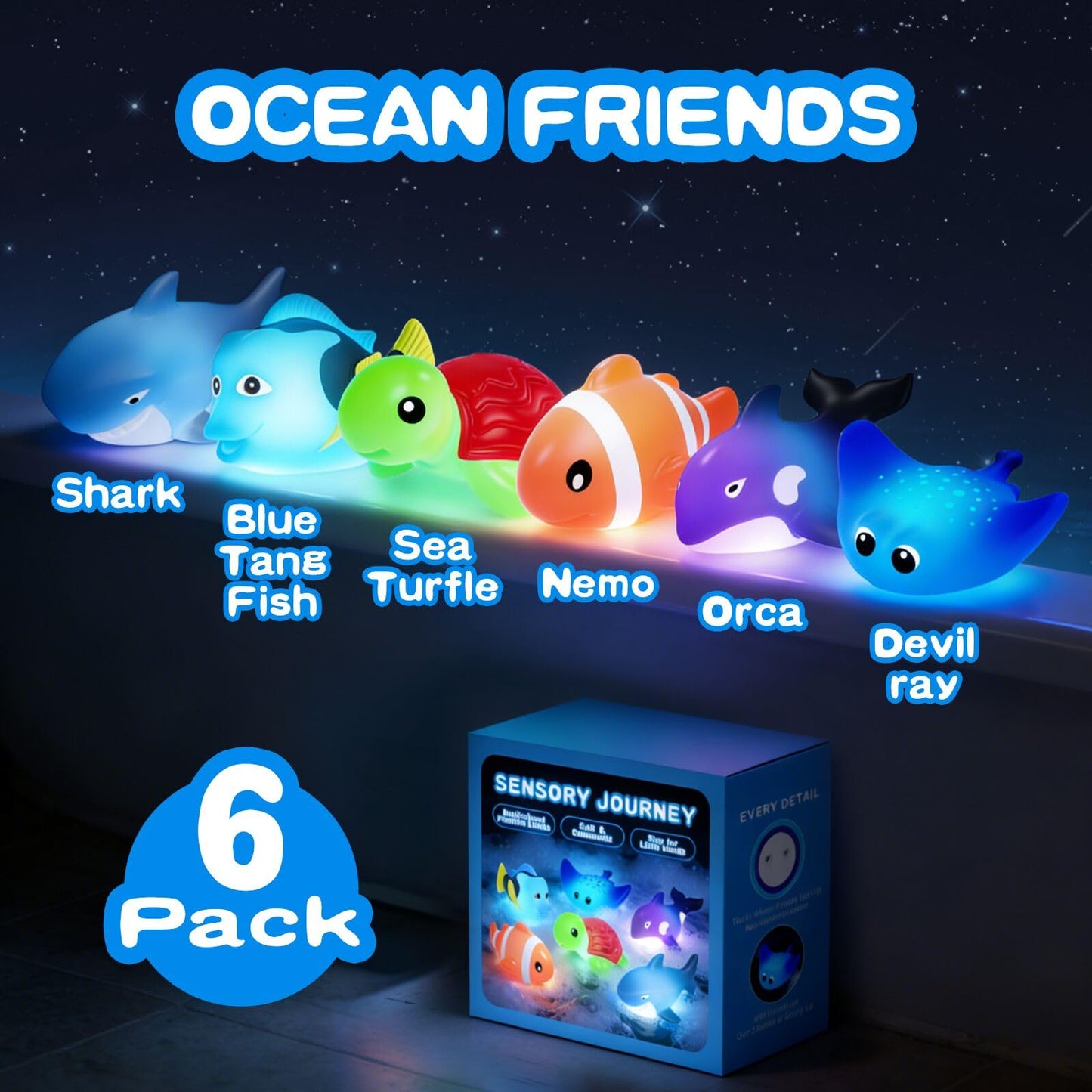 KODGEUSM Light Up Bath Toys,Mold Free No Hole Baby Bath Toys for Toddlers,Water-Activated Lights Flashes and Change Color Ocean Animal,Sensory Toys for Kids,Water Table,Bathtub,Shower,Pool