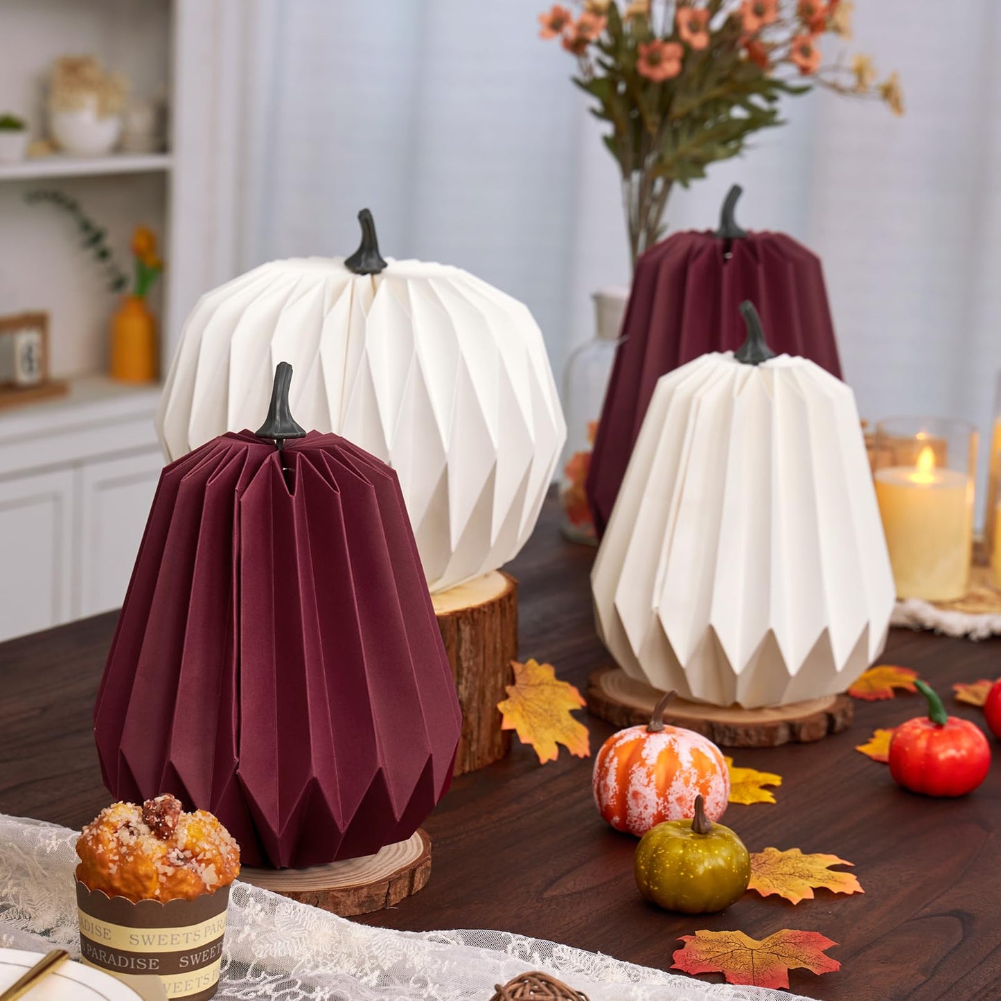 4Pcs Paper Pumpkin Table Decorations, Fall Pumpkin Honeycomb Centerpieces 3D Paper Honeycomb Pumpkins for Thanksgiving Autumn Halloween Home Table Decor (Burgundy and White)