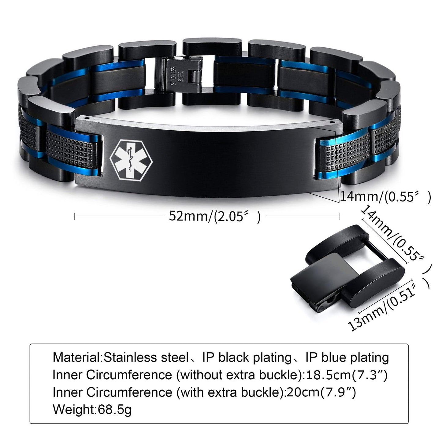 Medical ID Bracelet for Men : Free Engraving Stainless Steel Masculine Elaborate Medical Alert Wristband Personalized Medic ID Bracelet Jewelry 2-Tone Black Blue