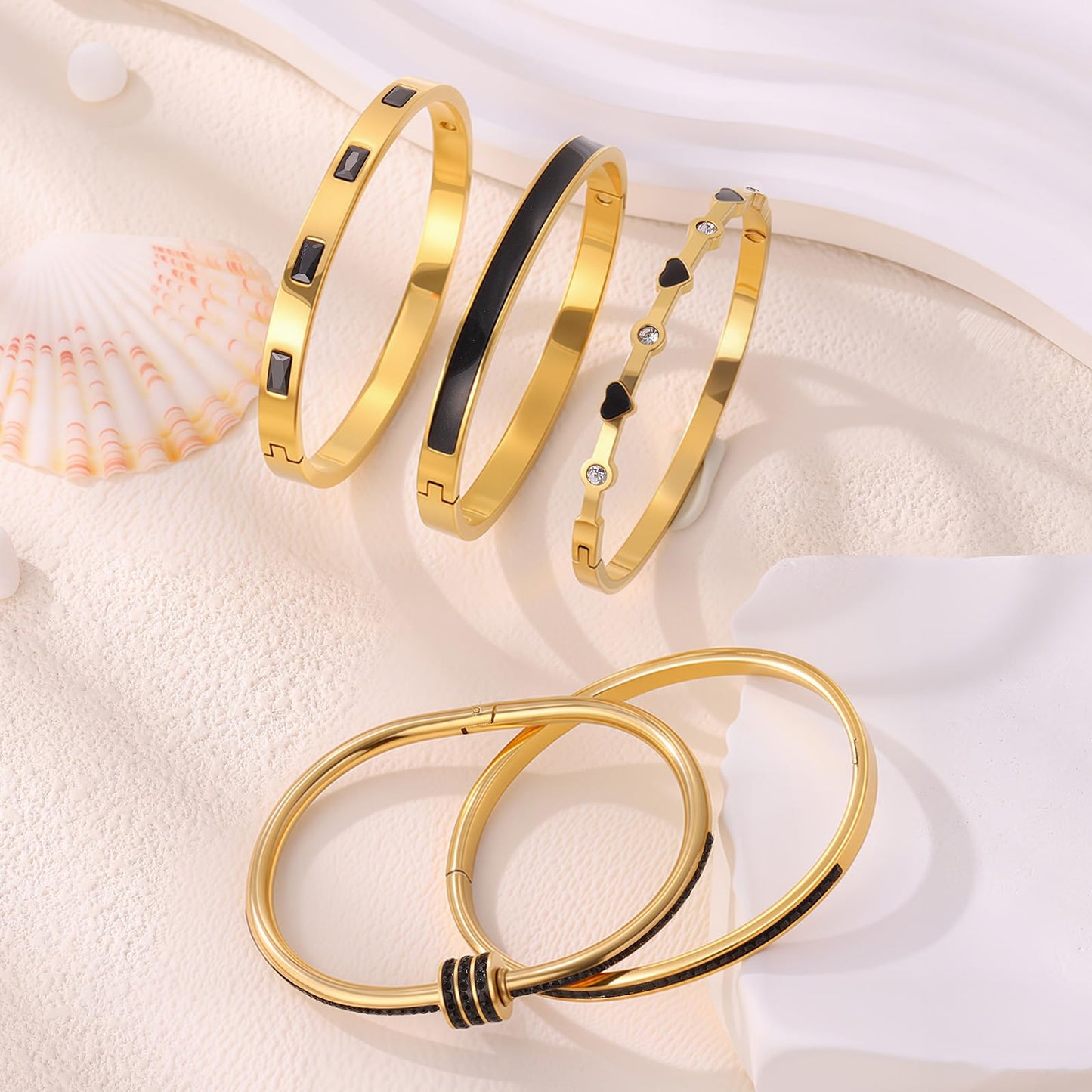 Camhanno 18K Gold Plated Stainless Steel 5-Piece Gold Bangle Bracelet Set for Women - Pink Crystal Friendship & Love Heart Design, Stackable Bangles Jewelry - Ideal Birthday Gift for Women (Black)