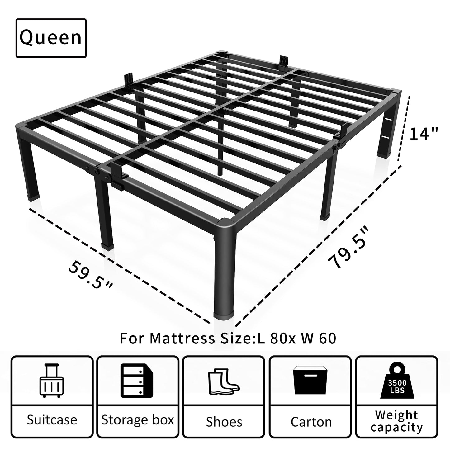 ROIL 14 inch Metal Queen Bed Frame with Rounded Corner and Headboard Hole Mattress Retainers 3500LBS Heavy Duty Steel Slats No Box Spring Needed Platform Noise-Free Easy Assembly