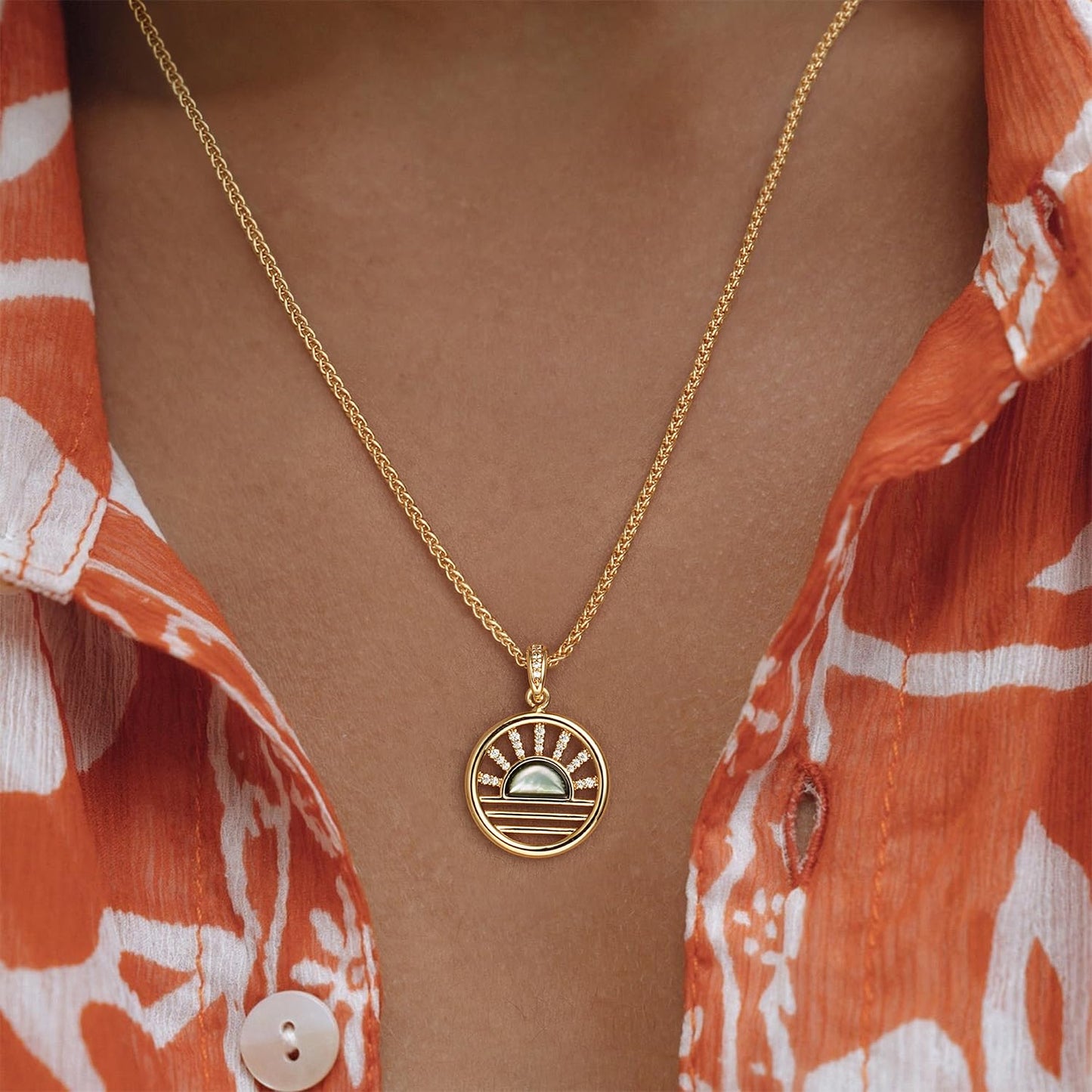 MYEARS Women Gold Necklace Sun Sunrise/Sunset Open Circle Pendant Black Mother of Pearl Cubic Zirconia 14K Simple Dainty Twisted Chain Everyday Summer Beach Jewelry