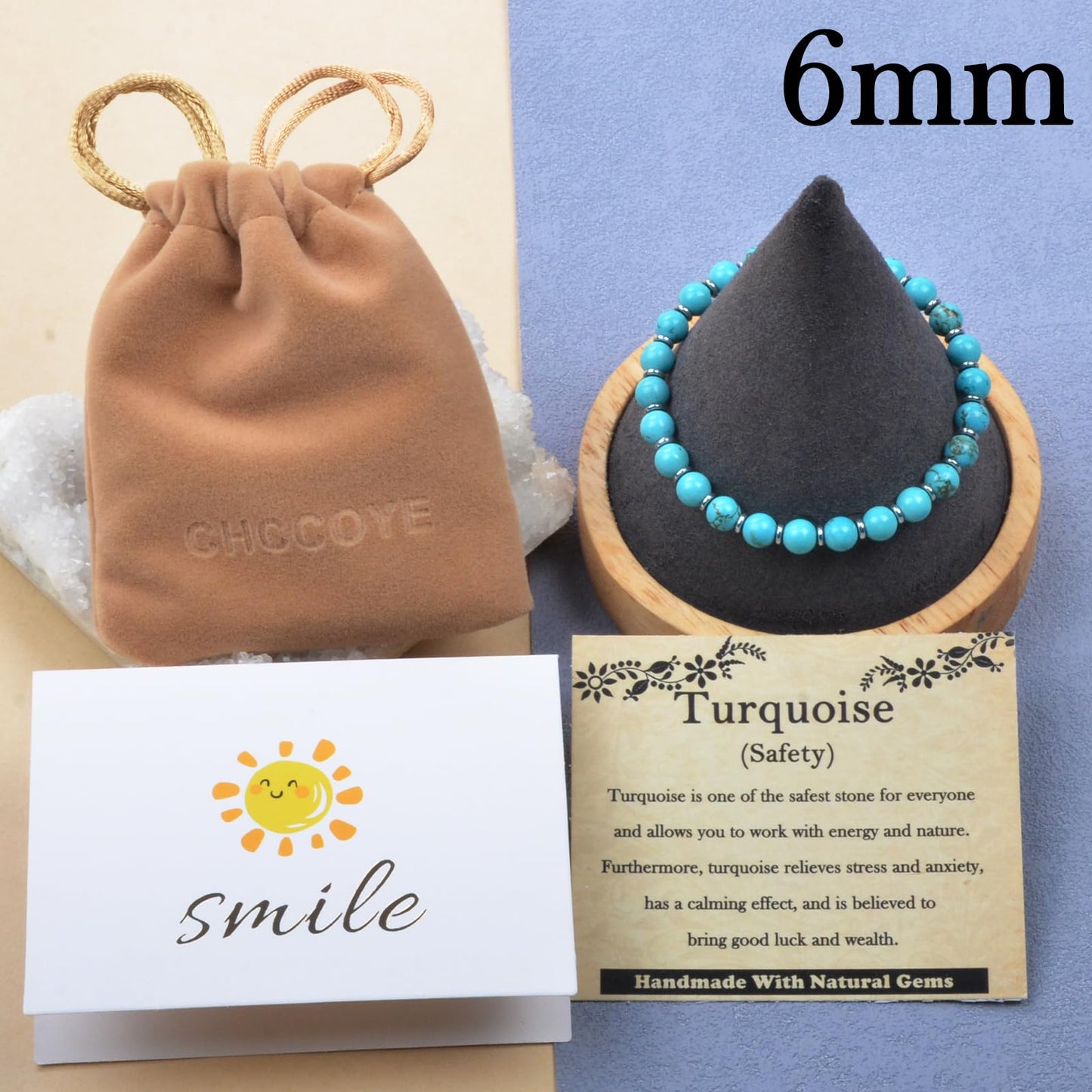 CHCCOYE 6mm Handmade Adjustable Natural Gemstone Crystal Bracelet Healing Power Energy Inspirational Gifts with Card for Unisex (Turquoise)
