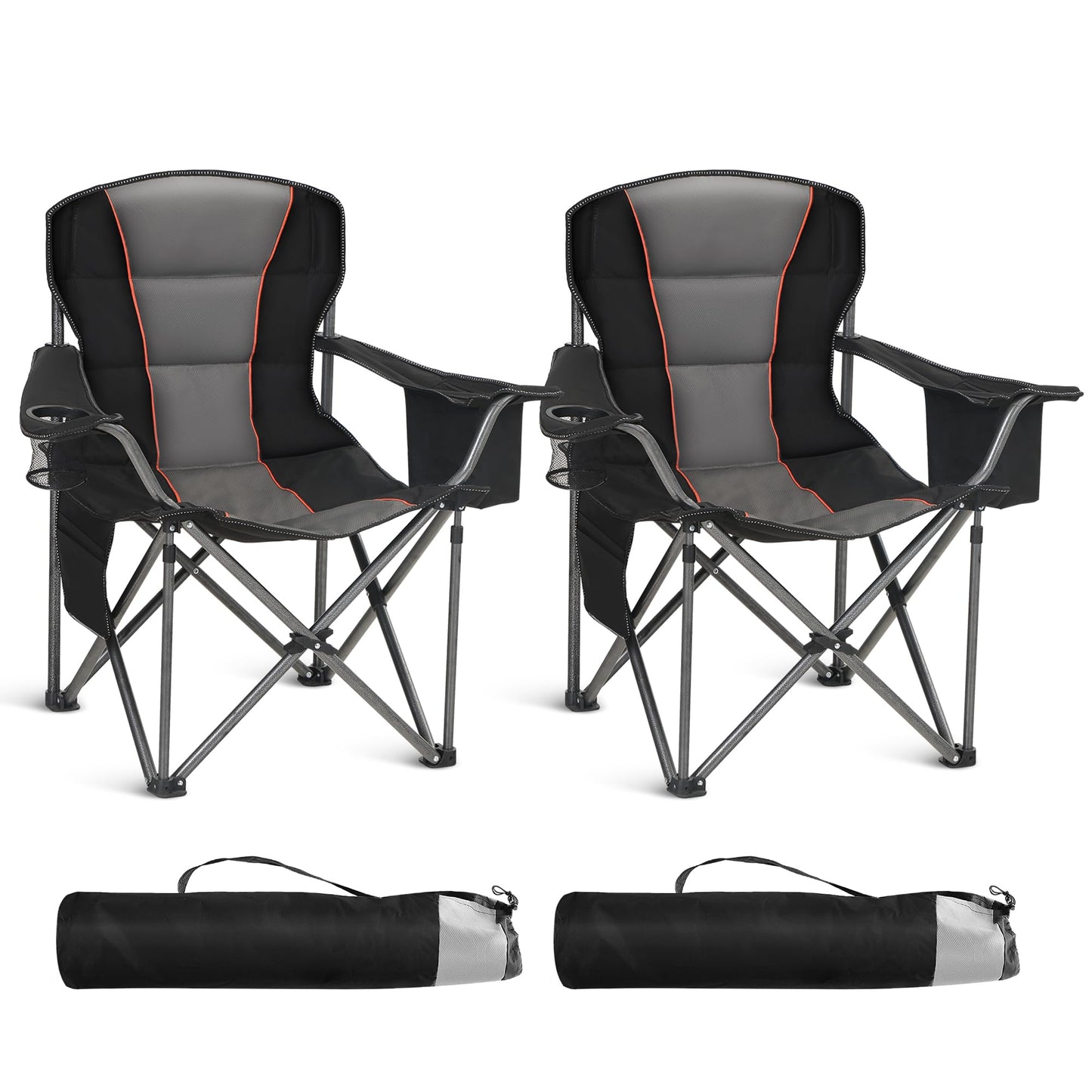 HIGH POINT SPORTS Oversized Folding Camping Chair, Heavy Duty Portable Camp Lawn Chairs, Folding Chairs for Outside with Cup Holder and Cooler Bag for Travel, Beach Support 450 LBS, 2 Pack, Black