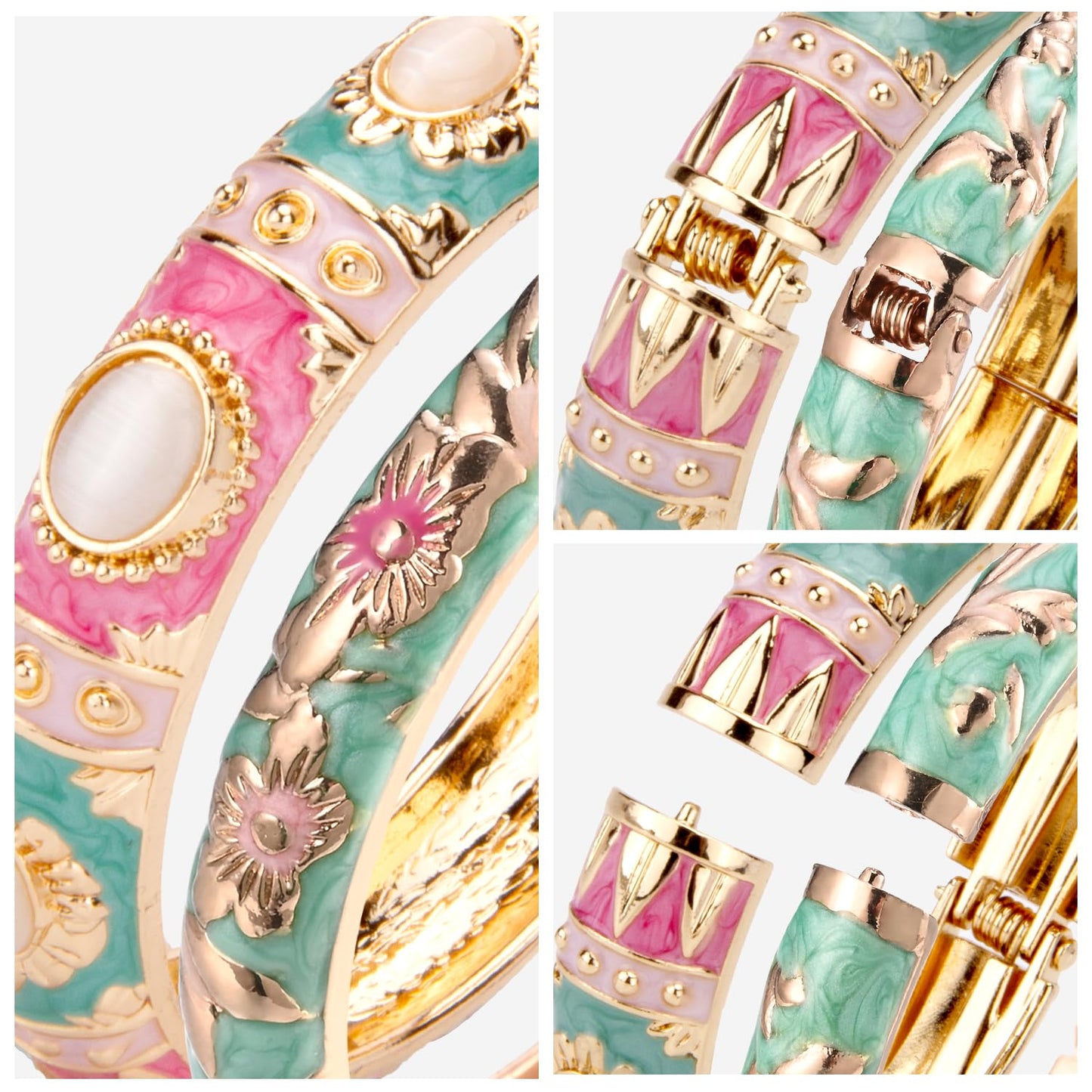 UJOY Vintage Cloisonne Jewelry Bracelet Gold Plated Handmade Bead Rhinestones Enamel Spring Cuff Bangles 2 Pcs Set for Womens Gift 7735-55A103 Pink Green