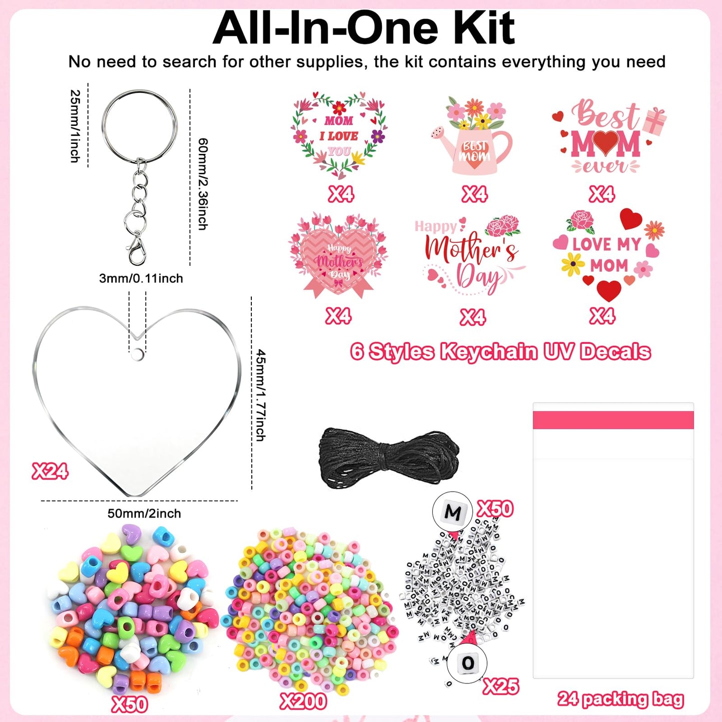 24 Set Mothers Day Craft Kits, Mom DIY Keychain Bulk Set with Acrylic Blank and UV DTF Stickers, Mama Craft Gifts Making Kit, Funny Classroom Home Birthday Art Activities Party Favors