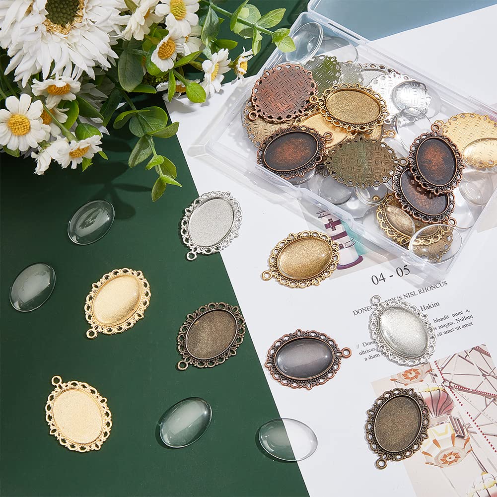 PH PandaHall 60pcs Pendant Tray Kit, 30pcs 5 Color Oval Pendant Blank Bezel, 30pcs 25 x 18mm Glass Cabochon Dome Tiles Clear Cameo Memorial Photo Pendant for Wedding Bouquet Graduation Photo Charm