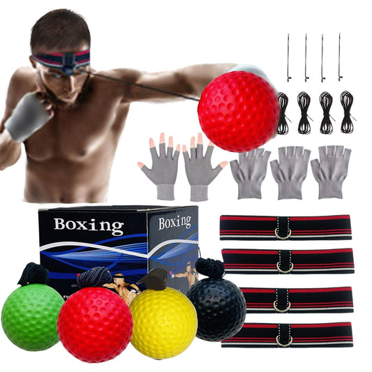 KANGHUANG Reflex Balls Boxing Headband Set for MMA Boxing Kickboxing Training Reaction Ball Kit Includes 4 Different Levels Balls+4 Elastic Headbands+4 Spare Lines+4 Gloves for All People