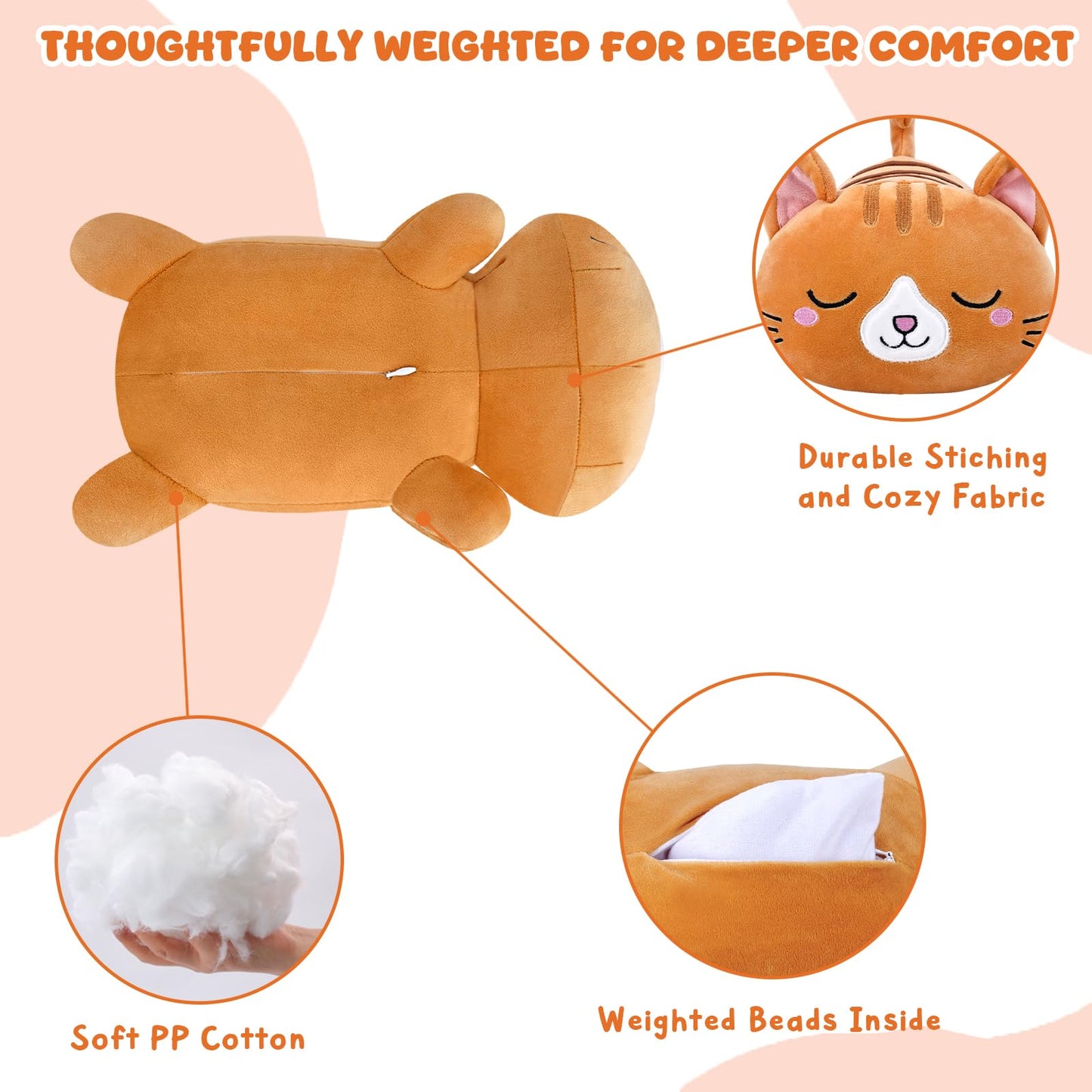 TOYSYM Weighted Stuffed Animals Cat, Orange Cat Plush with Weighted Beads, Cute Cat Plushie Pillow Gifts for Adults Kids Boys Girls 9.8inch