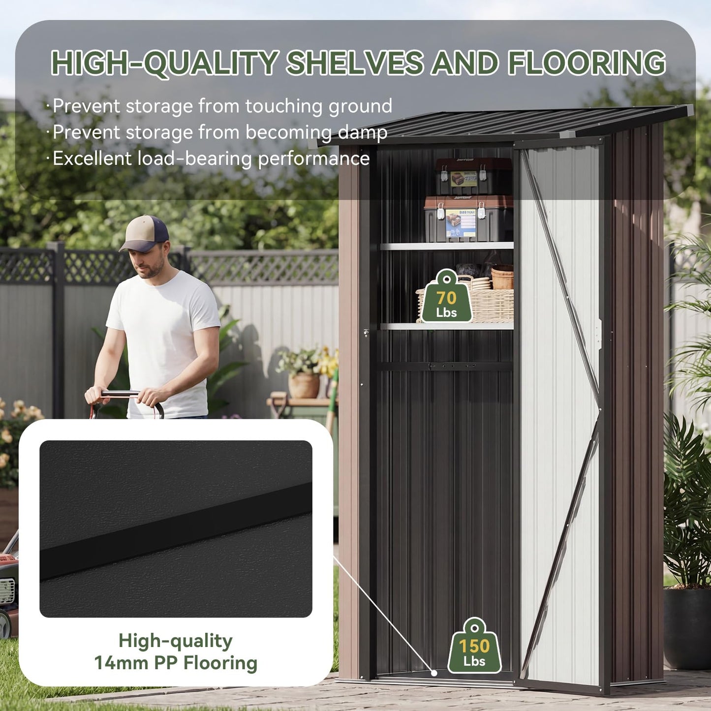 Aoxun Outdoor Storage Shed with Floor - Vertical Cabinet with 2 Adjustable Shelves & Lockable Doors, Waterproof Small Tool Shed, for Backyard Garden Patio Lawn Indoor, Brown