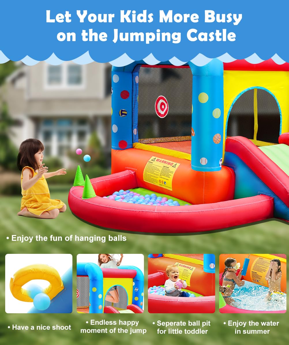 Step4Fun Inflatable Bounce House, Kids Castle Slide Bouncer for Children Jumping Outdoor and Indoor Party, Baby Backyard Water Jumper Toy with Blower, Ball Pit Pool, Ideal Gifts（112 x 98 x 65”）