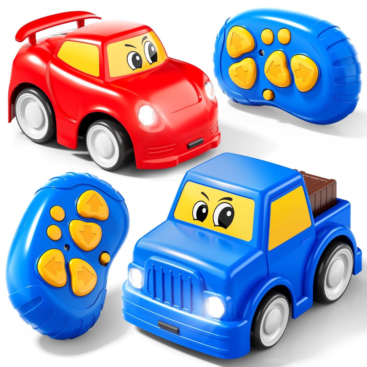 DULONIME Remote Control Car 2 Year Old, Toddler RC Cars Ages 2-4 Boy, 2-Pack 2.4 GHz Truck and Race Car with Sound and Light, Easy Electrical Remote Control Toy Gifts for Boys Girls 3 4 5+ Year Old