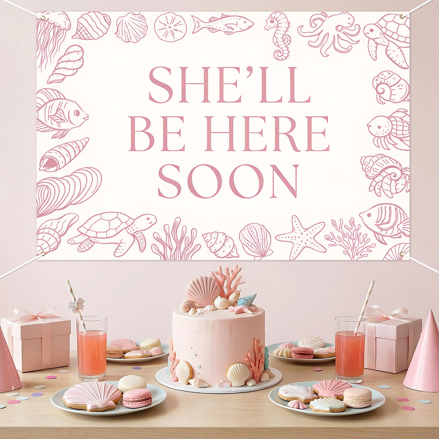 She'll Be Here Soon Backdrop Sea You Soon Baby Shower Decorations Banner Pink Seashell Seahorse Starfish Ocean Animals Photography Background for Girls Under The Sea Baby Shower Supplies 5x3ft
