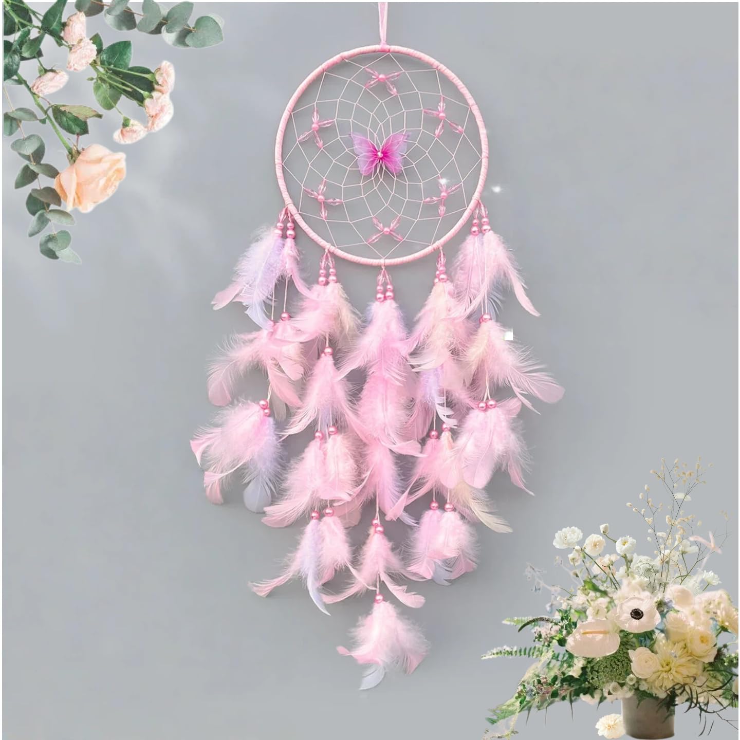 Zenwizvoy Pink Dream Catcher, Handmade Boho Wall Decor with Feathers and Butterfly, Dream Catcher for Bedroom, Nursery, Wall Hanging Ornament, Gift for Girls, Women