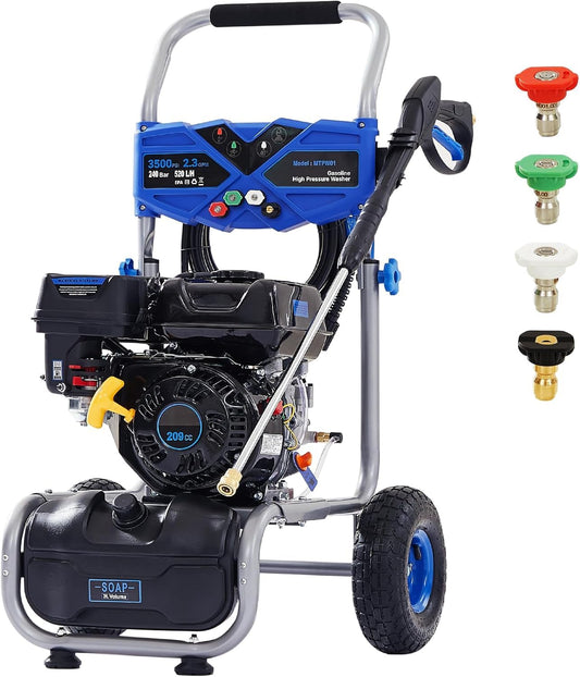 Gas Powered Pressure Washer 3500 PSI, 2.3 GPM Heavy Duty High Power Washer,209CC 7HP Engine with 25Ft Pressure Hose, Axial Aluminum Pump, Soap Tank, 4 Quick Connect Nozzle (Blue)