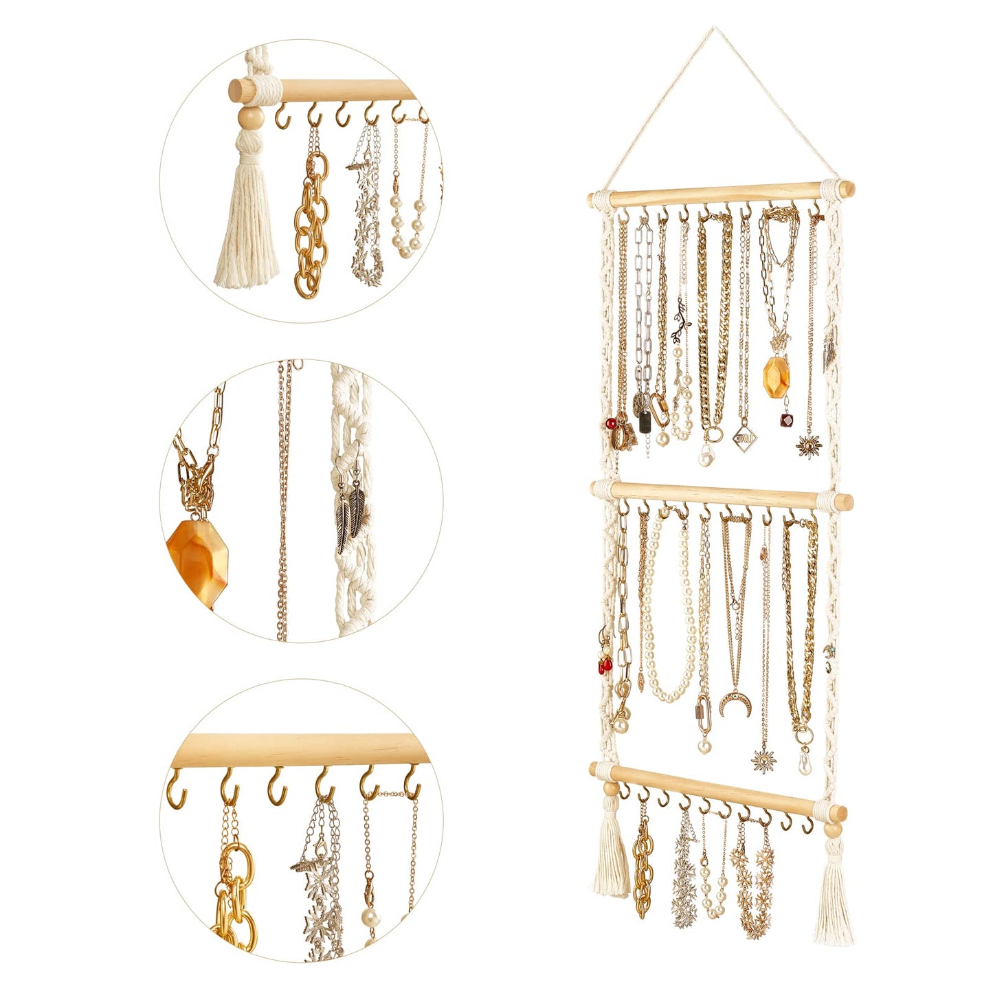 Dahey Hanging Jewelry Organizer Macrame Necklace Holder with 30 Hooks and Macrame Headband Holder with 30 Hooks Boho Nursery Decor for Baby'S Room