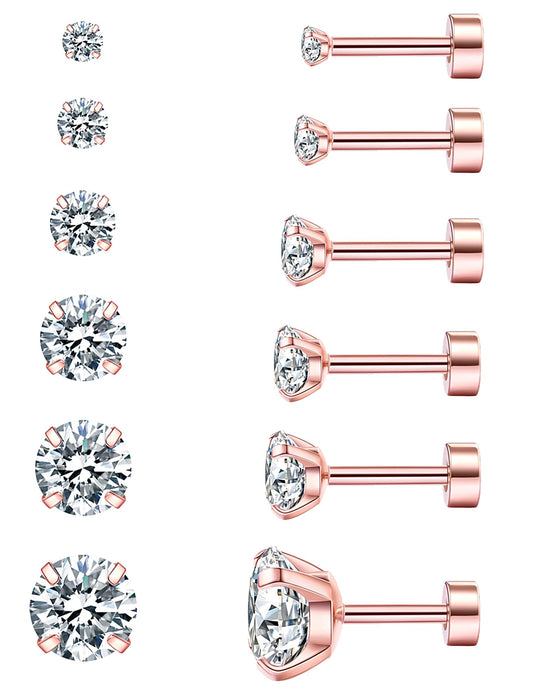 6 Pairs Hypoallergenic Cubic Zirconia Earrings Surgical Steel Flat Back Studs for Cartilage, Screw Back Fashion Jewelry