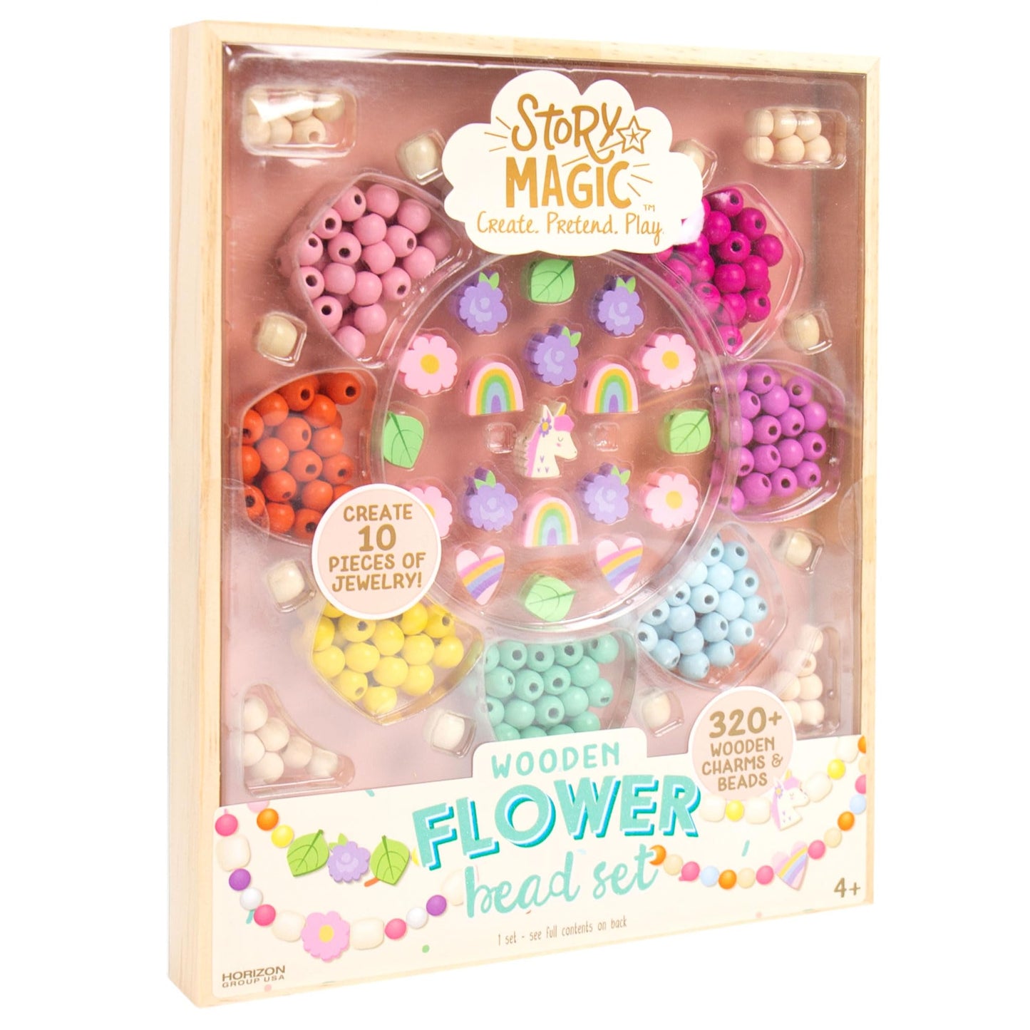 Story Magic Wooden Flower Bead Set, Over 300 Large Hole Wood Beads & Charms for Beading Bracelets, Bracelet Making Kit, Flower Bracelet Kit, Whimsical Bracelet Charms, Storage Tray Included, Ages 4+