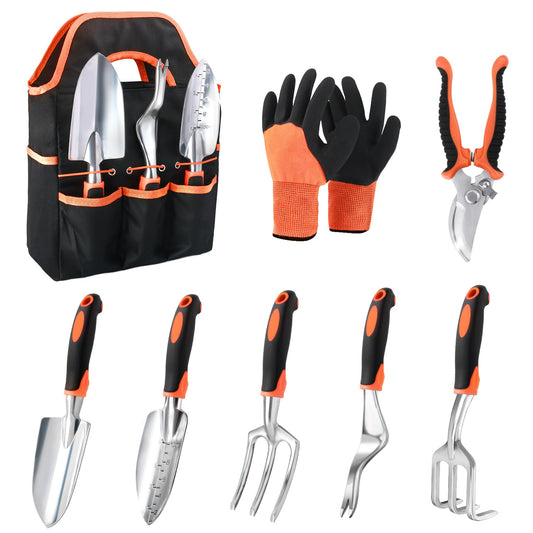 Garden Tools Set, 8 Piece Gardening Tools Set with Non Slip Ergonomic Handle, Heavy Duty Garden Tool Set with Storage Bag, Gardening Kit for Women, Garden Hand Tools Gift for Women and Men, Orange