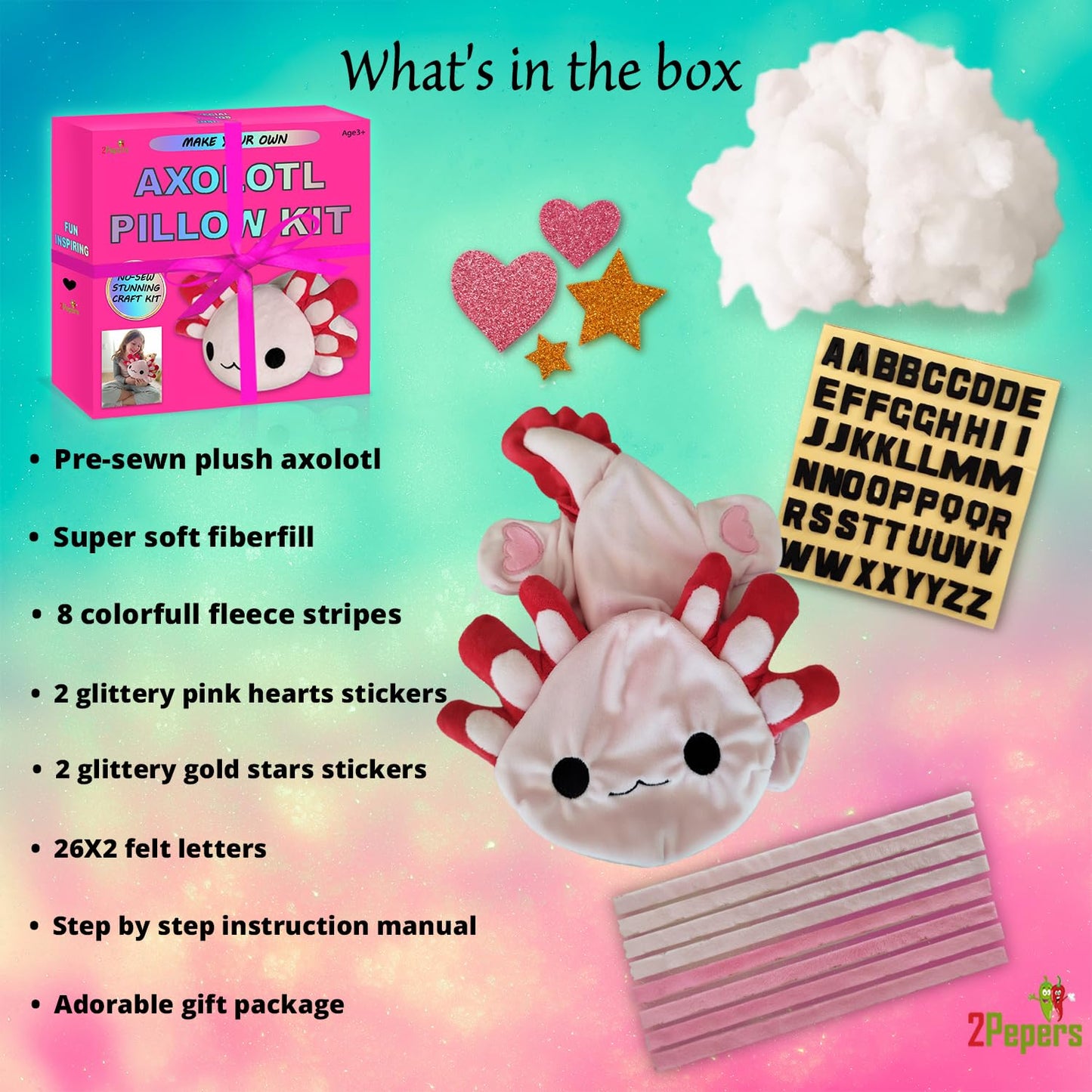 Make Your Own Axolotl Plush Pillow Kit Arts and Crafts for Kids (No Sew), DIY Axolotl Stuffed Toys for Girls & Boys Ages 3 4 5 6 7 8 9 10 + Years Old, Animal Activity, Squishy Plushy, Girls Presents