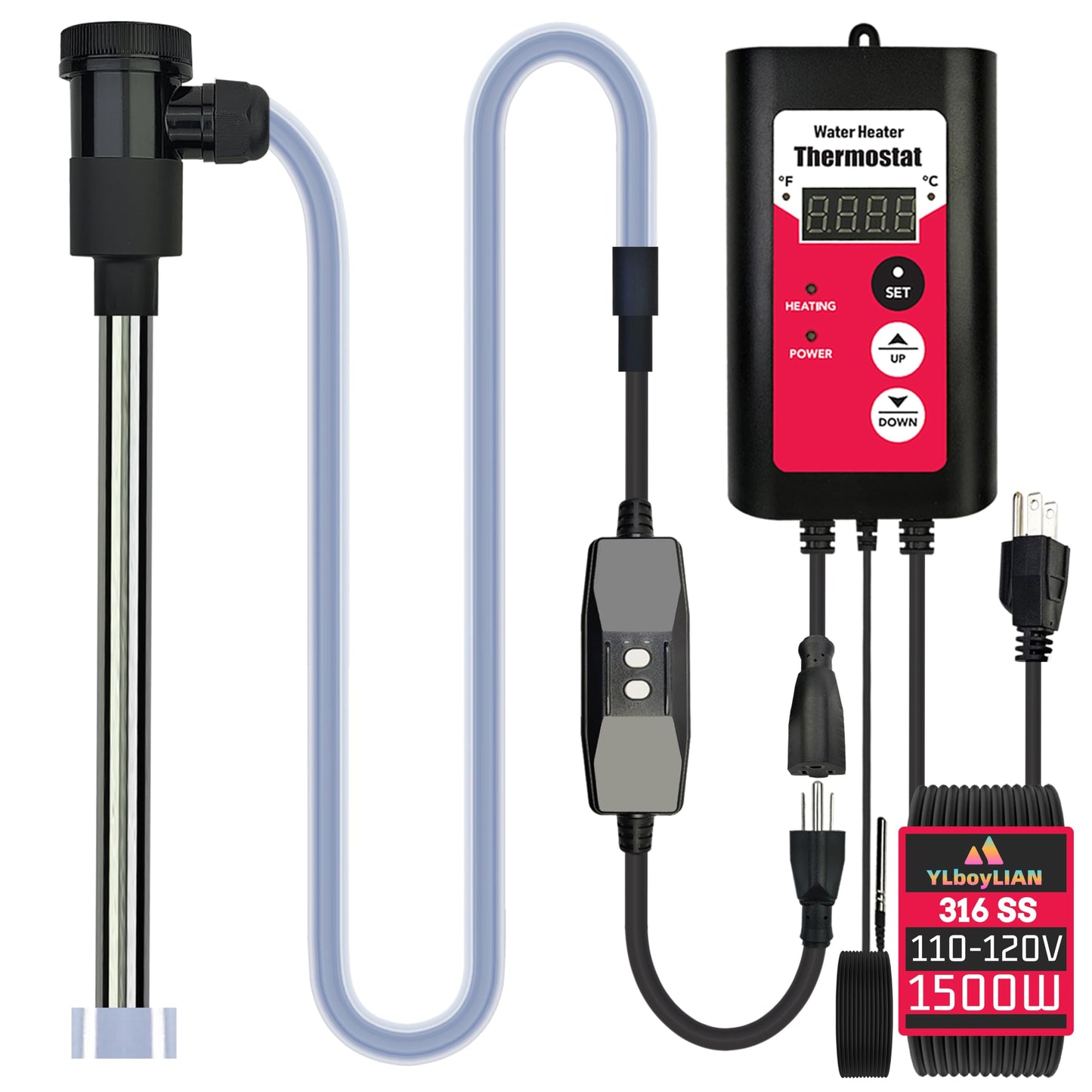 YLboyLIAN 1500W Immersion Electric Submersible Water Heater with Temp Control & GFCI – Portable Heater for Inflatable Pool, Swimming Pool, Above-Ground Pool, spa, Hot Tub Baptistry & baptismal Pool
