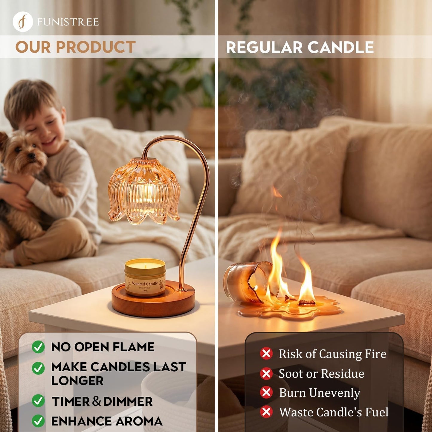 Funistree Candle Warmer Lamp Gift Set with 3 Jar Candles & Gift Box, Gifts for Women Mothers Day Birthday, Mom Sister Friend Gift, Lavender, Vanilla, Ebony, 2 Bulbs