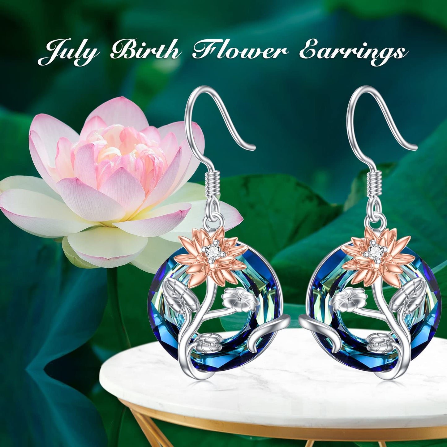 TOUPOP July Birth Flower Earrings Lotus Drop Dangle Earrings Blue Crystal Jewelry Birthday Mothers Day Gifts for Women Mom Her
