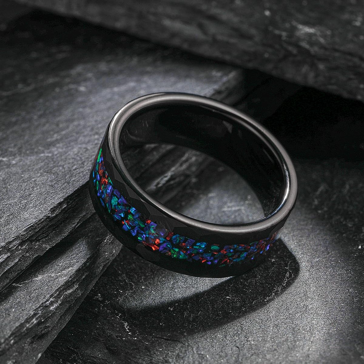 NUNCAD 8mm Promise Ring for Him Tungsten Galaxy Opal Inlaid Men Wedding Band Black Ring Hammered finish Comfort Fit Sizes 8