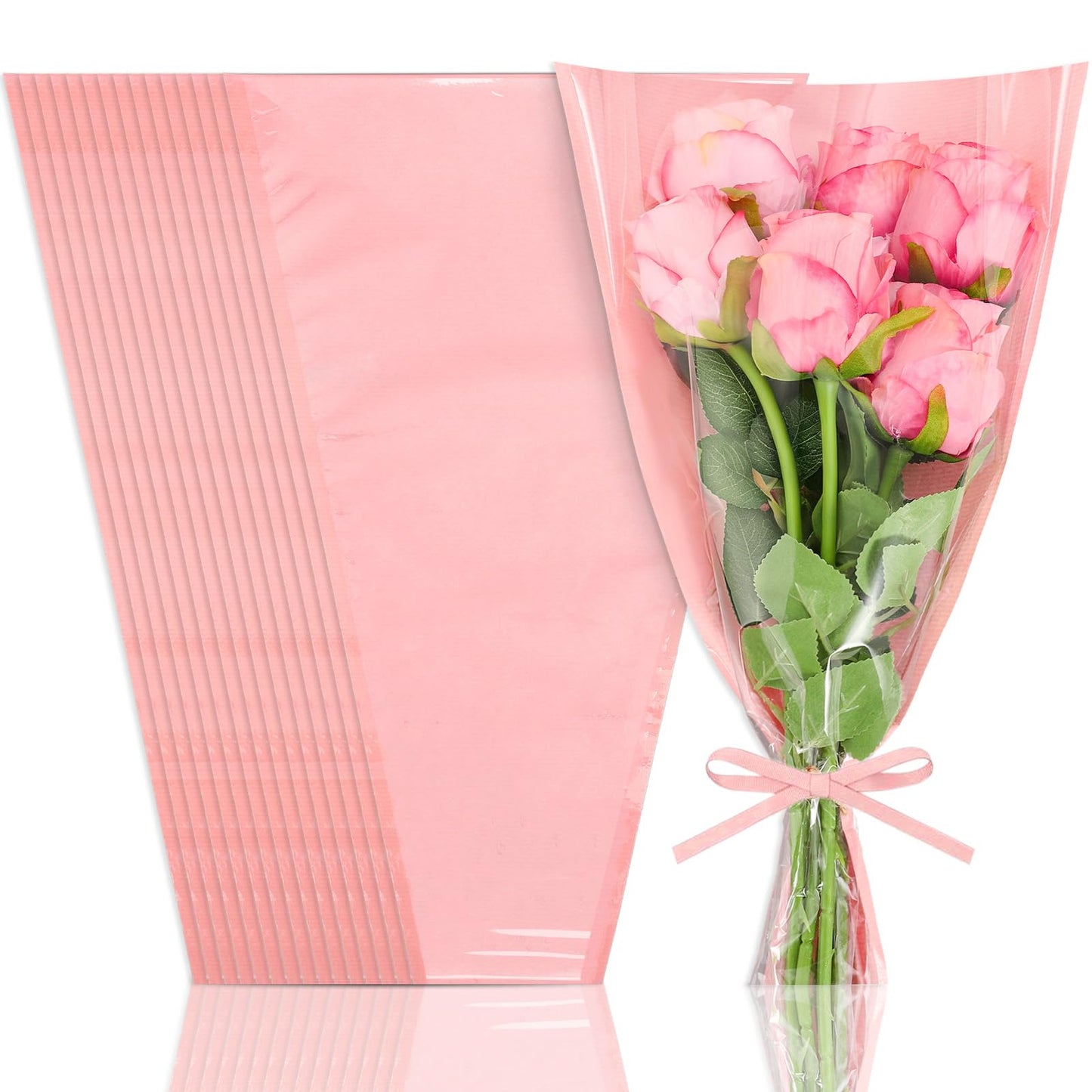 Whaline 50 Pcs Pink Flower Wrapping Bags Clear Kraft Flower Bag for Bouquets Large Floral Wrapping Sleeves for Graduation Wedding Valentine Mother's Day Birthday Florist Supplies, 17.9 x 9.8 x 3.9Inch