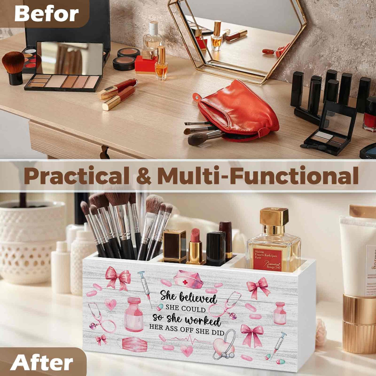 XINCEYWJ Pink Nurse Office Pencil Pen Holder for Desk Organizer, Nurse Appreciation Gifts, Nursing Week Gifts, Nurses Gift for Women Wooden Box Decorations for Office Desk Tabletop Decor