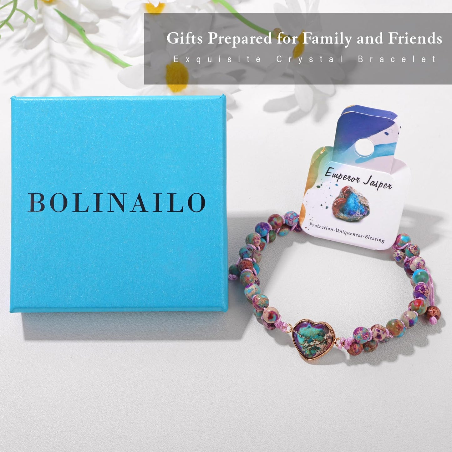 Bolinailo Natural Stone Bracelets for Women Crystal Beaded Bracelets Jasper Heart Adjustable Bracelet Imperial Stone Healing Crystal Jewelry Mothers Day Christmas Graduation Gifts for Women Men