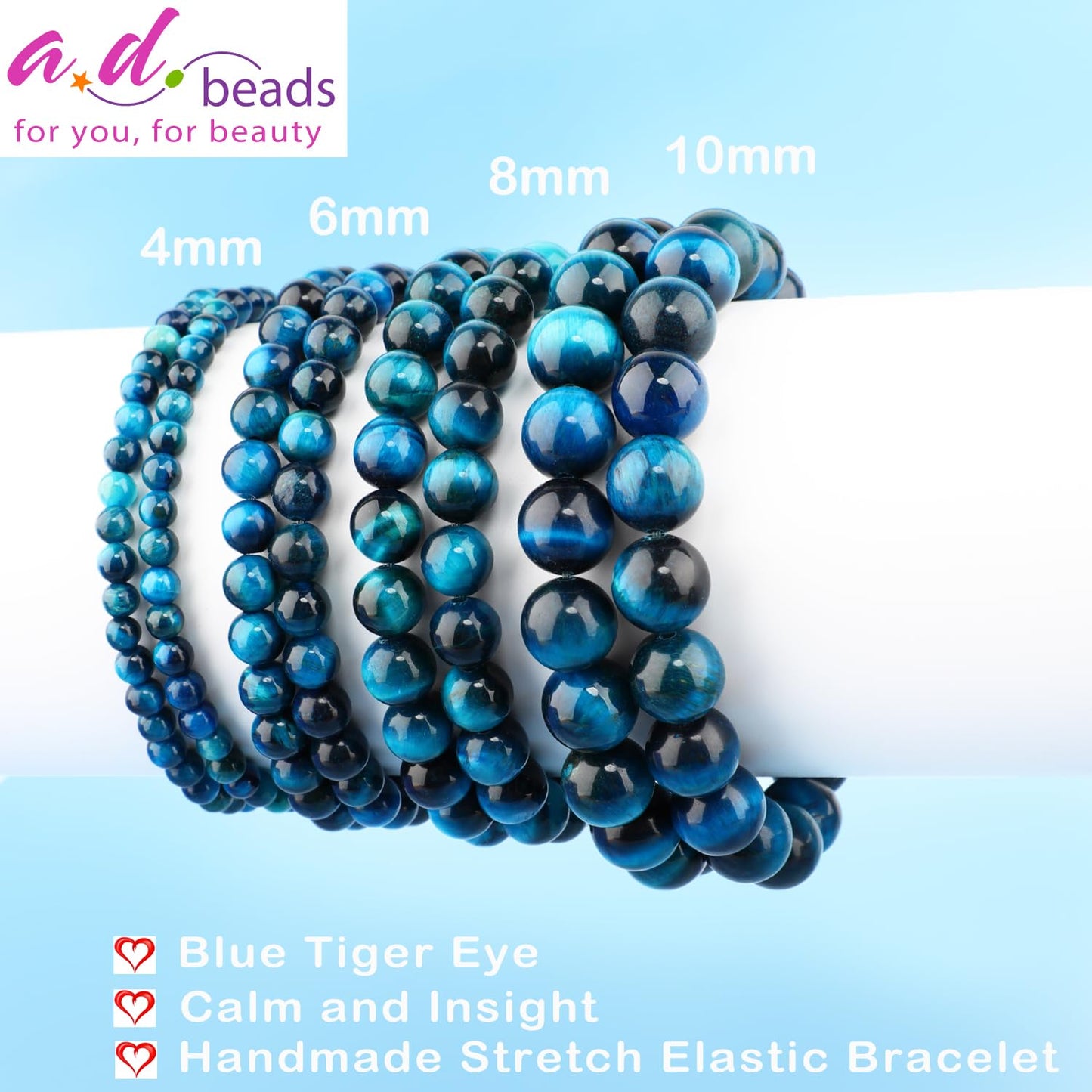 AD Beads 4mm Handmade Blue Tiger Eye Elastic Bracelet – Natural Gemstone for Calm and insight – Meditation, Yoga, Healing and Energy Gift for Men Women