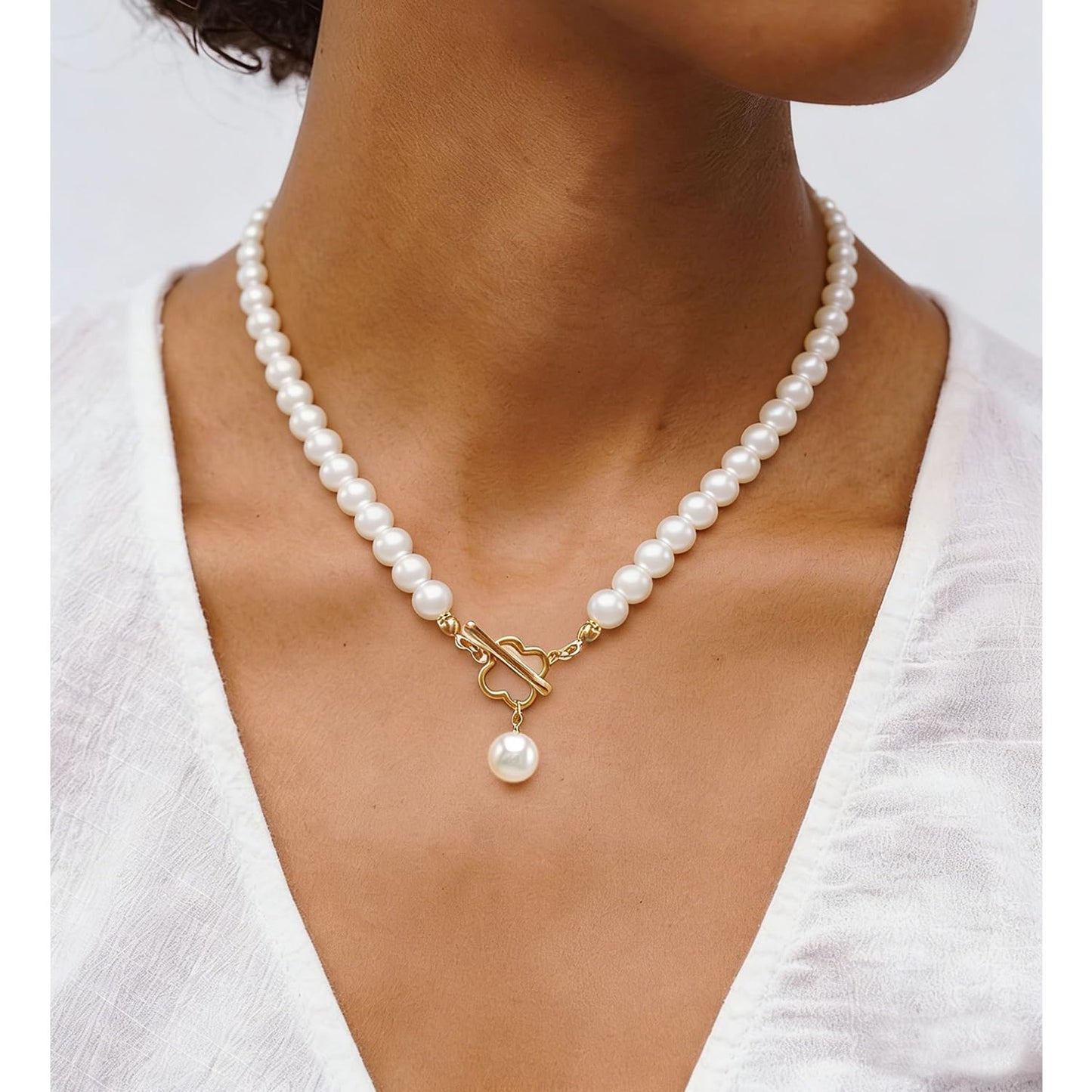 Cryshimmer Pearl Choker Necklace for Women 16K Gold Plated Faux Pearl Beads Strand Necklace Bracelet Earring Set Costume Jewelry(4-leaf Clover Clasp-3PCS)