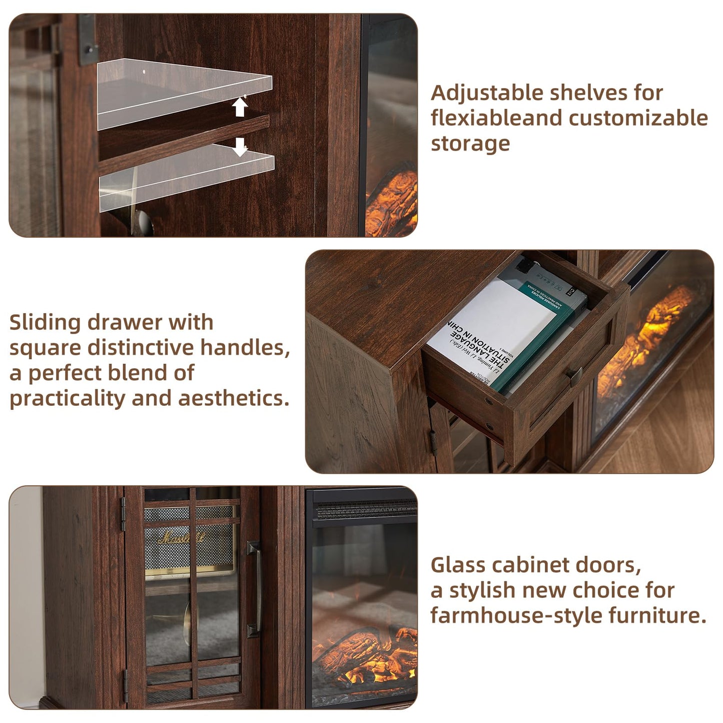 SAVOR LIFE 52" Fireplace TV Stand with 18”Silent Electric Fireplace, Farmhouse Entertainment Center for TVs up to 65", 2 Drawers TV Console with Glass Door Cabinet, Walnut TVs Cabinet for Living Room