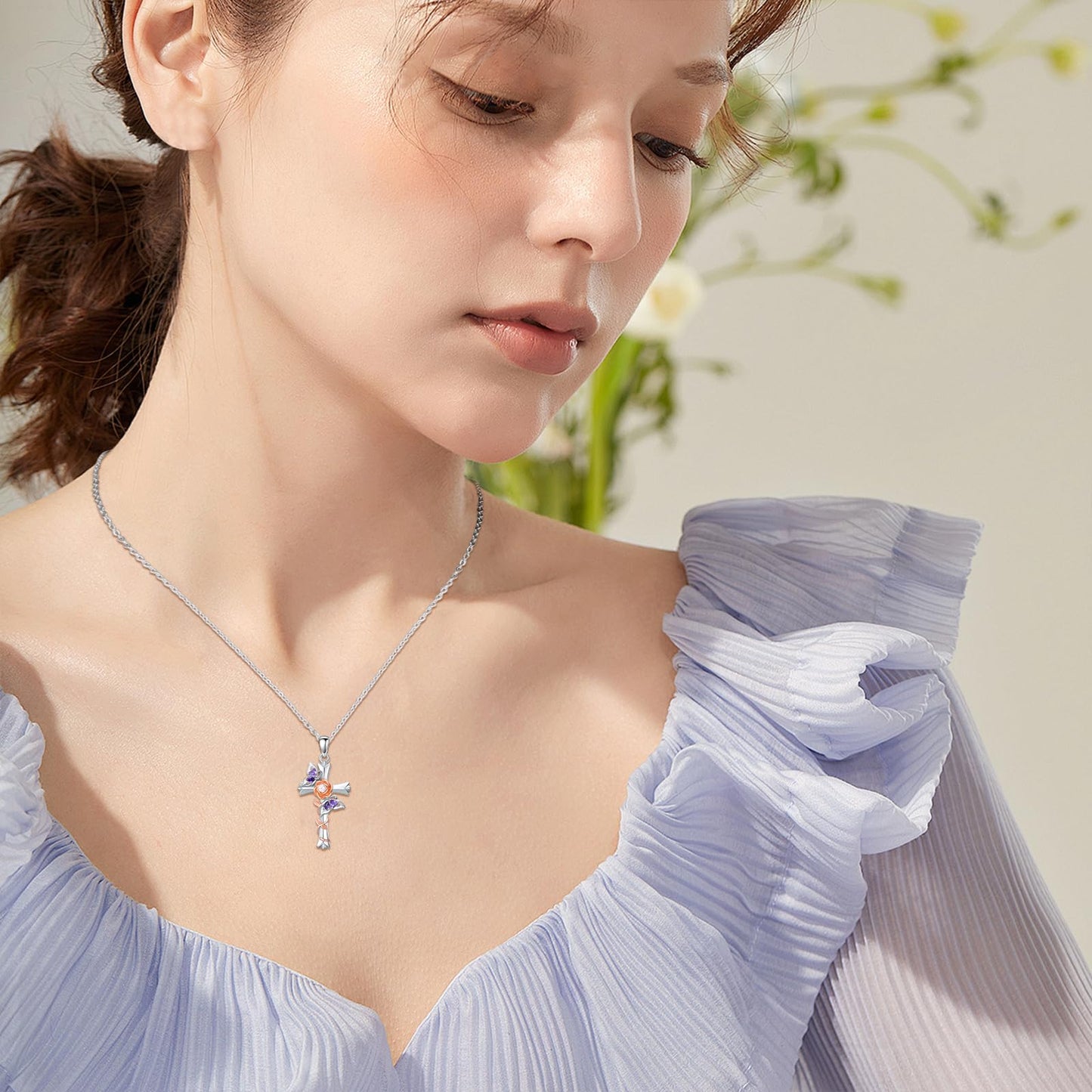 Butterfly Rose Necklaces 925 Sterling Silver for Women Double Purple Butterfly Necklace Pink Rose Cross Pendant Christian Faith Jewelry Mothers Day Gifts for Mom Lover Graduation Birthday Gift