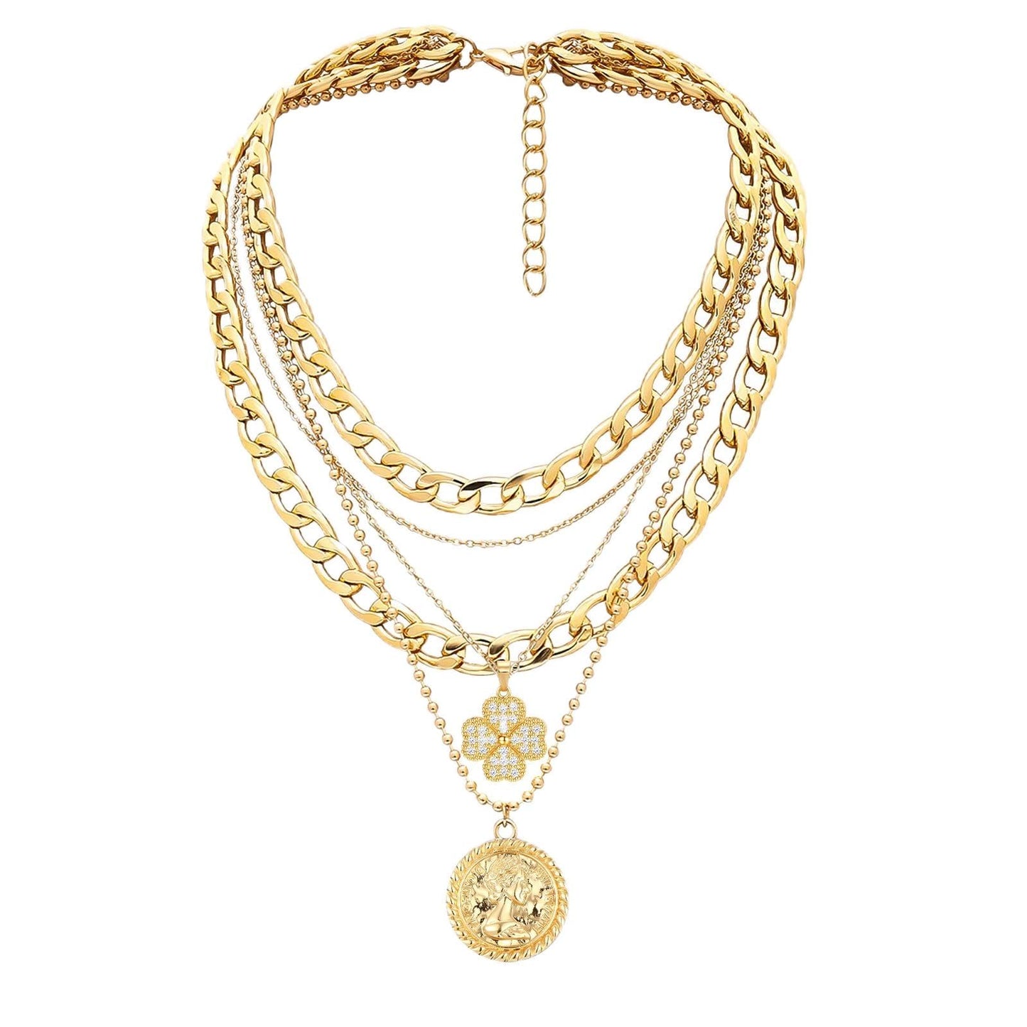 MJartoria Gold Layered Necklaces for Women Trendy Retro Coin Pendant Necklace Dainty Chunky Chain Choker Necklaces for Jewelry Birthday Gifts (Gold, A-Z-Rotatable Clover-5 in 1 Layered)