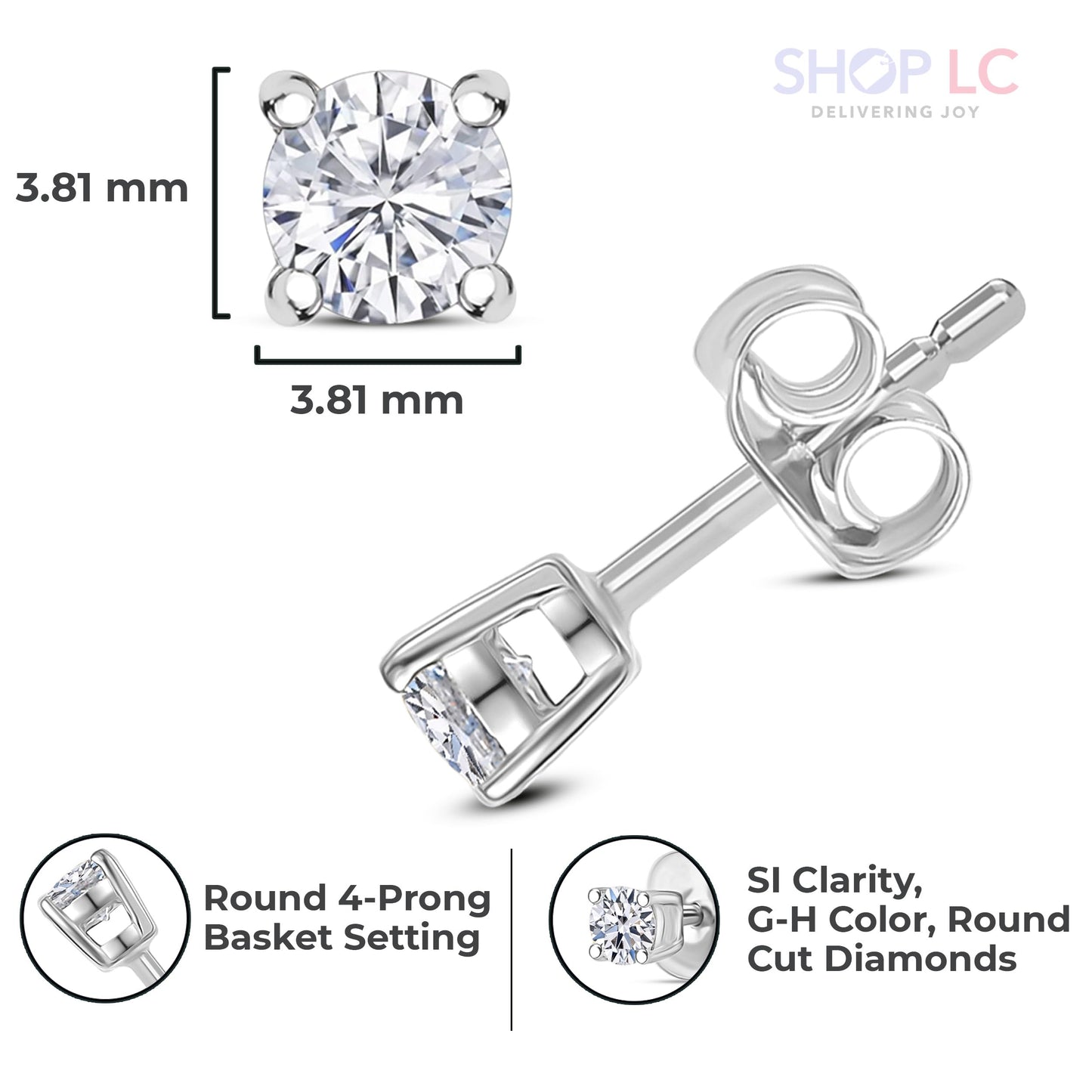 Shop LC Lab Grown Diamond Stud Earrings for Women | 0.25 | G-H Color SI Clarity | 925 Sterling Silver Platinum Plated | Round | 4-Prong Basket | Push Back | Fine Jewelry