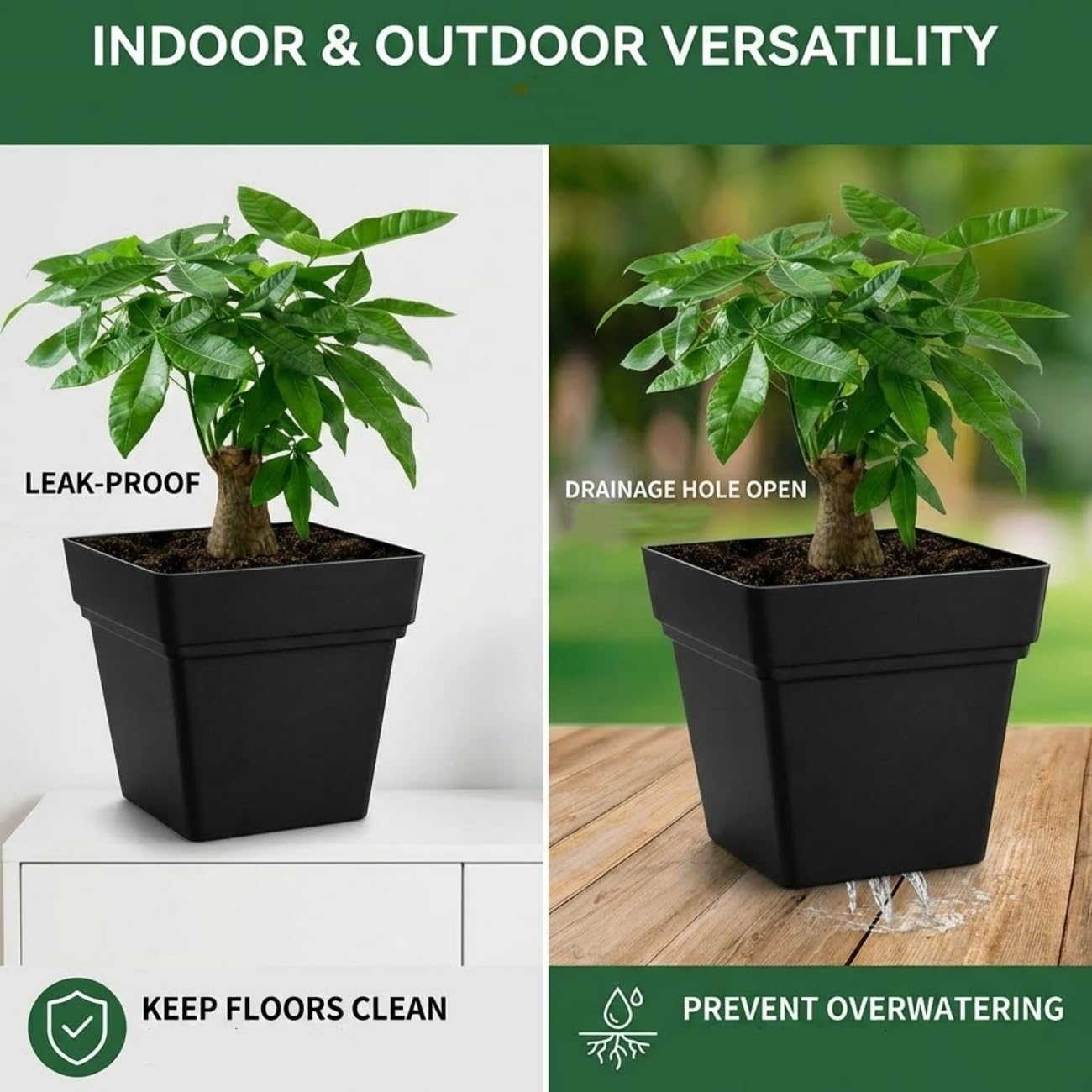 RooTrimmer 6-Pack 7" Square Planters with Built-in Drainage Tray – Heavy-Duty Black Plastic Planter with Drainage Hole and Bottom Stopper, BPA-Free Plant Pots Matte Finish for Indoor Outdoor
