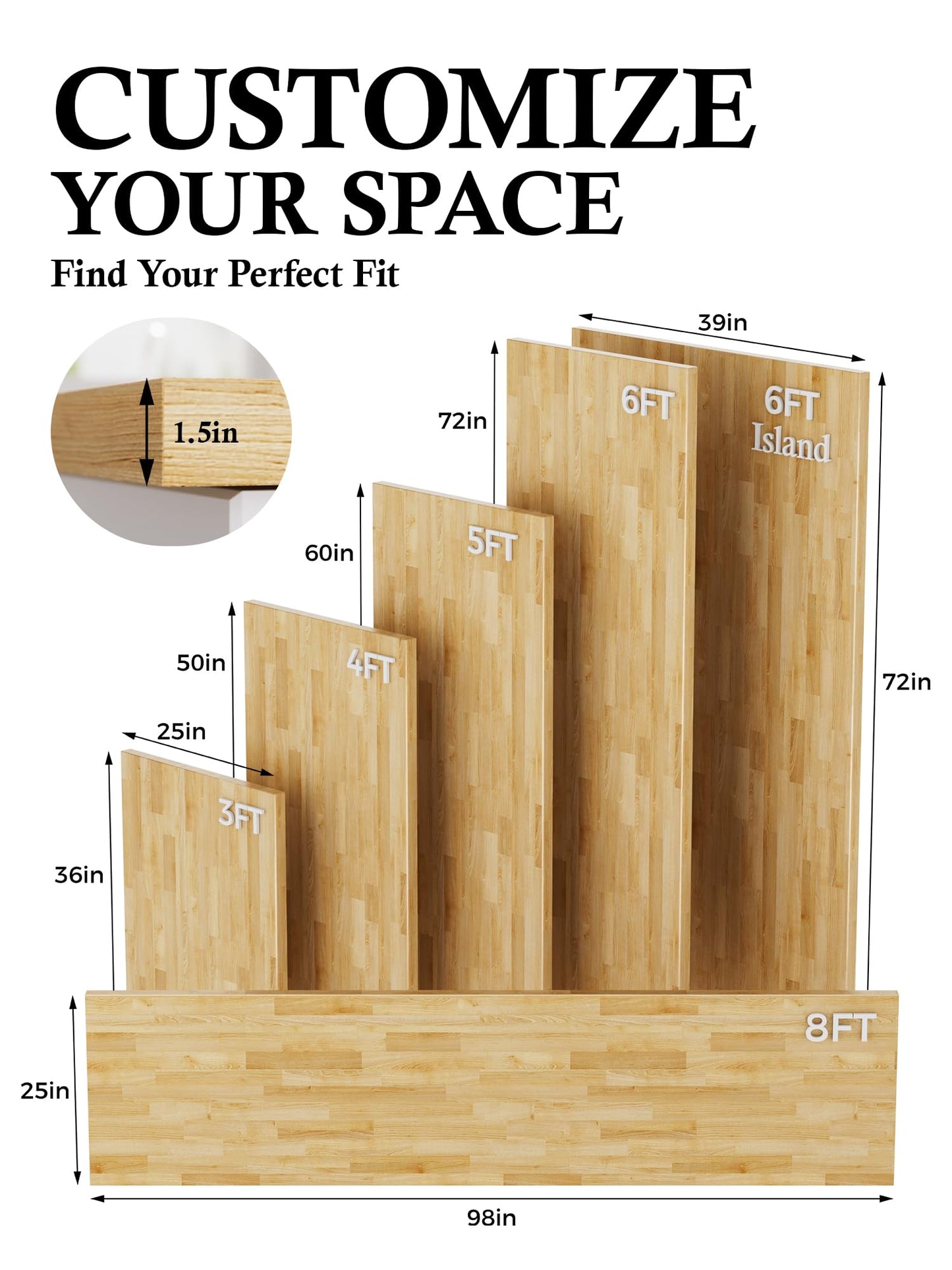 6FT Butcher Block Countertop Birch Solid Wood - 72" x 25" Table Top Butcher Block Cutting Board for Kitchen Island Living Dining Table Office Desk Workbench Washer Dryer Countertop Unfinished 1.5" Th