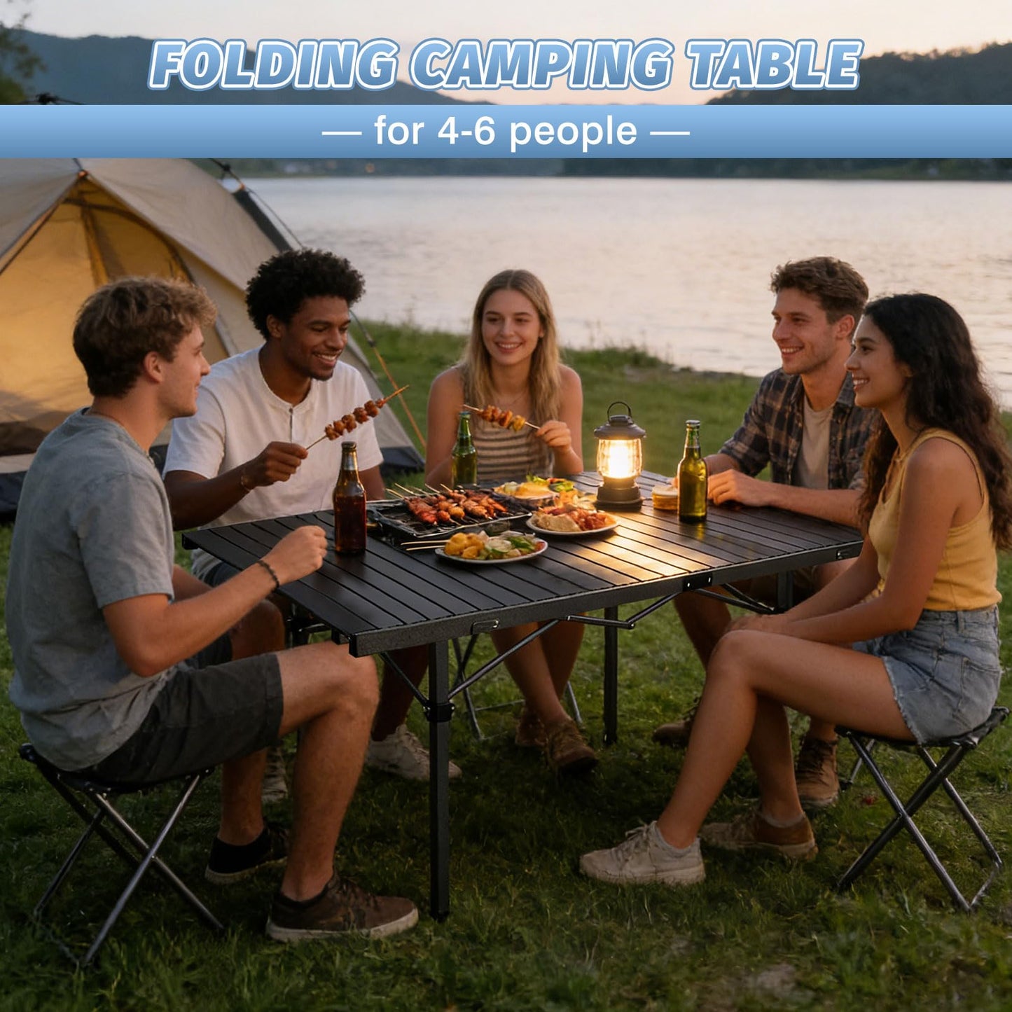 WKFAMOUT 29.9" Tall Folding Camping Table for 2-6 Person, 54.7" Large Aluminum Foldable Roll-up Table Outdoor with Carry Bag for Picnic, Camp, Sturdy, Backyard, Patio