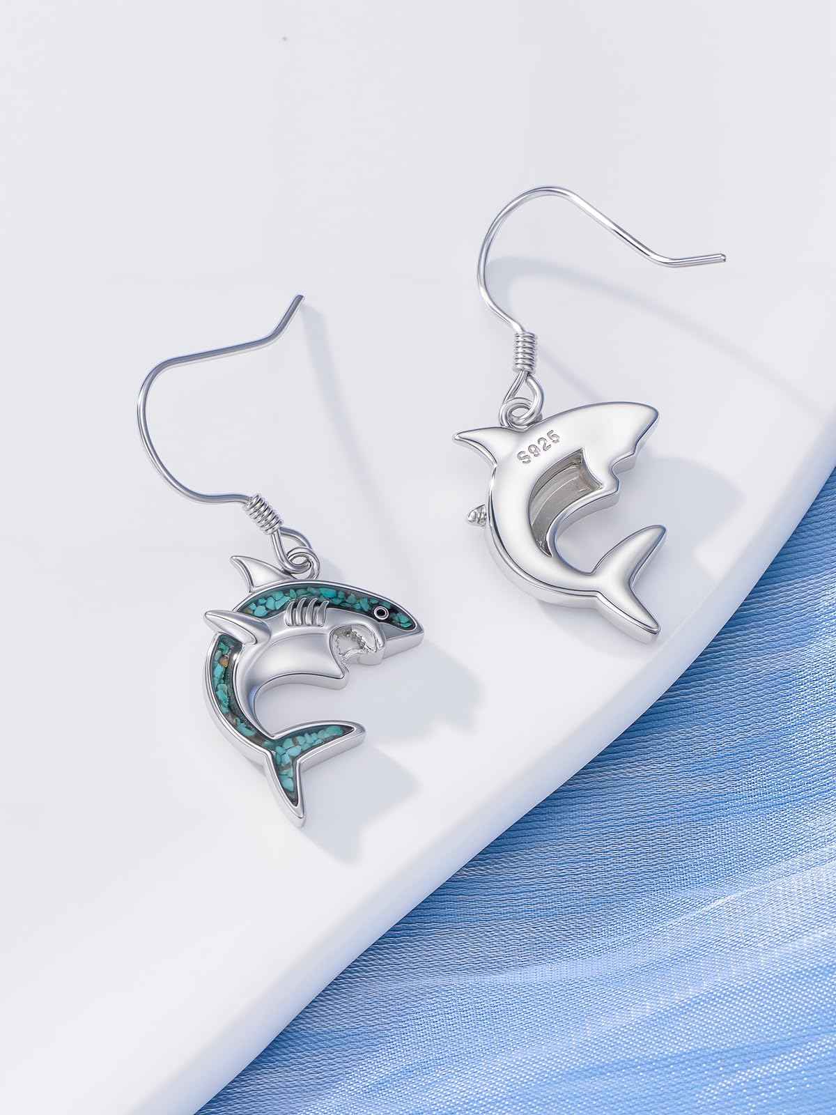 HPQQ Shark Earrings 925 Sterling Silver Turquoise Shark Dangle Earrings Ocean Beach Themed Jewelry Mother's Day Jewelry Gifts for Women