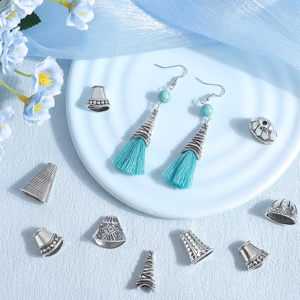 SOFPLATE 48Pcs 6 Styles Cone Bead Caps Spacer Bead Caps Alloy Antique Silver Tibetan Flower Cones Tassel End Beadings Findings for Jewelry Making DIY Bracelet Necklace Earrings Supply Accessories