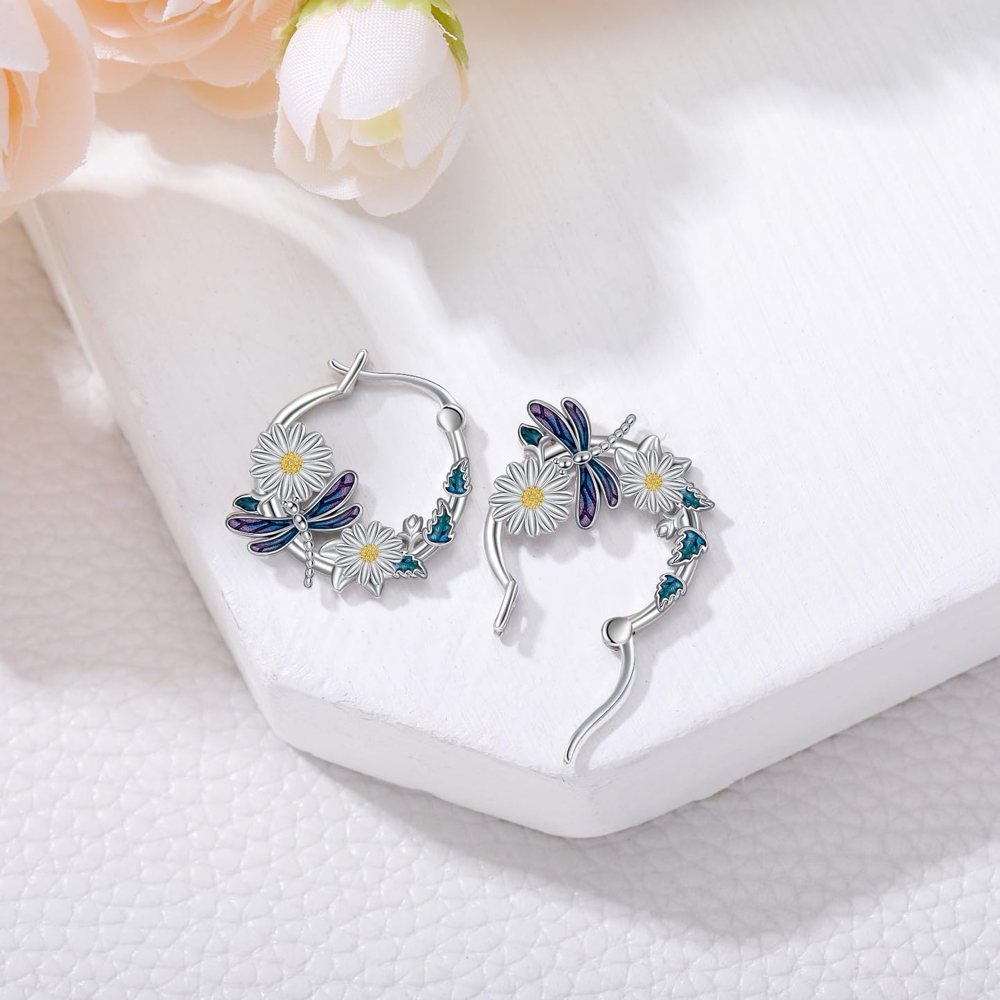 JUSTKIDSTOY Dragonfly Earrings 925 Sterling Silver Daisy Flower Hoop Earrings Jewelry Dragonfly Graduation Gifts for Women Daughter Her